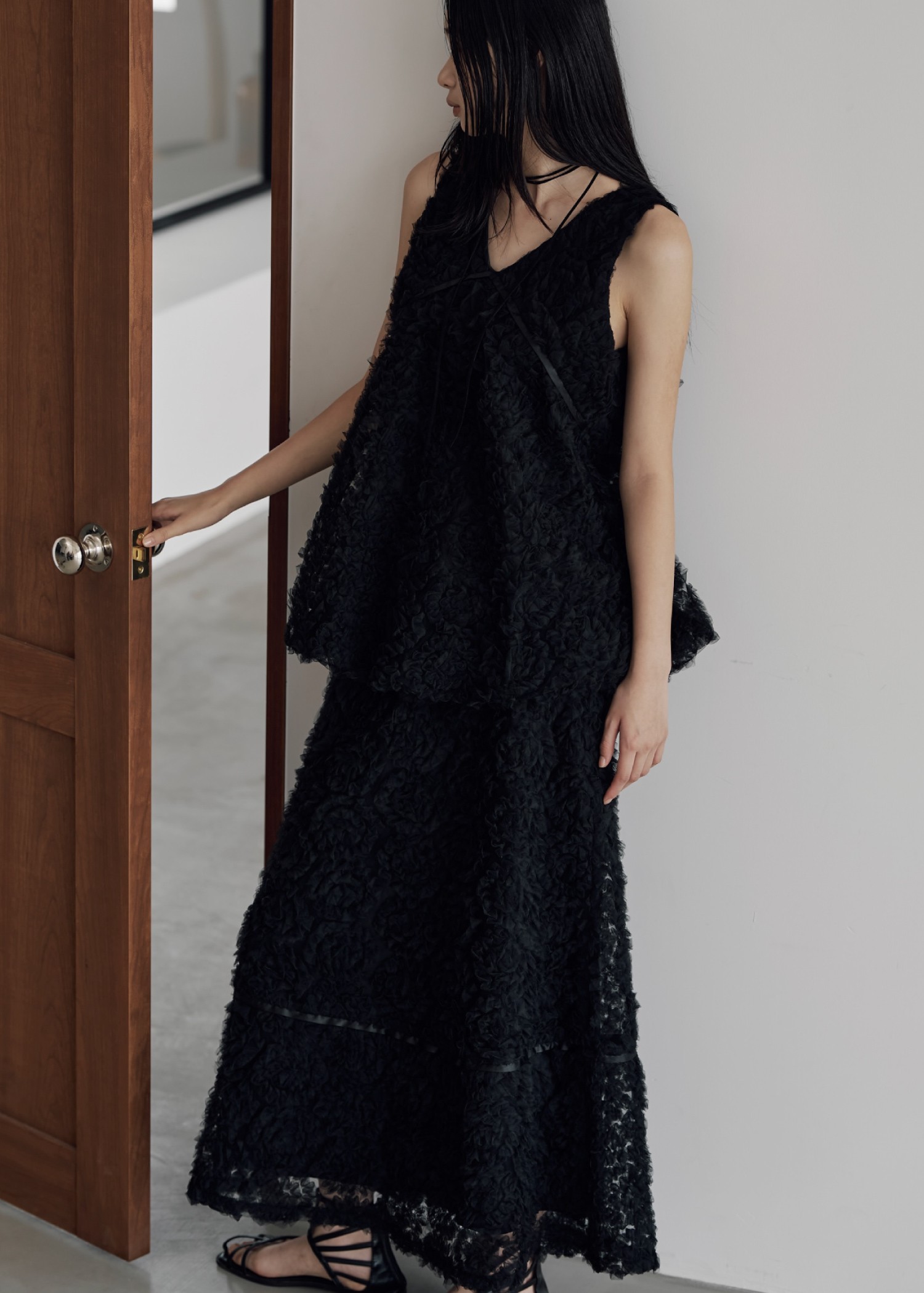 circle tulle motif balloon peplum nosleeve tops