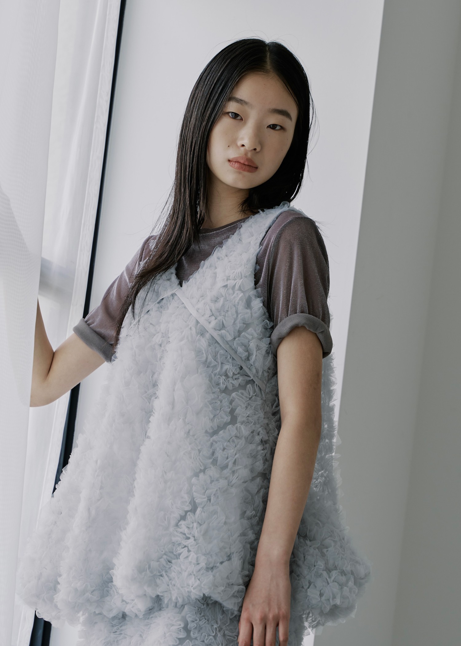 circle tulle motif balloon peplum nosleeve tops