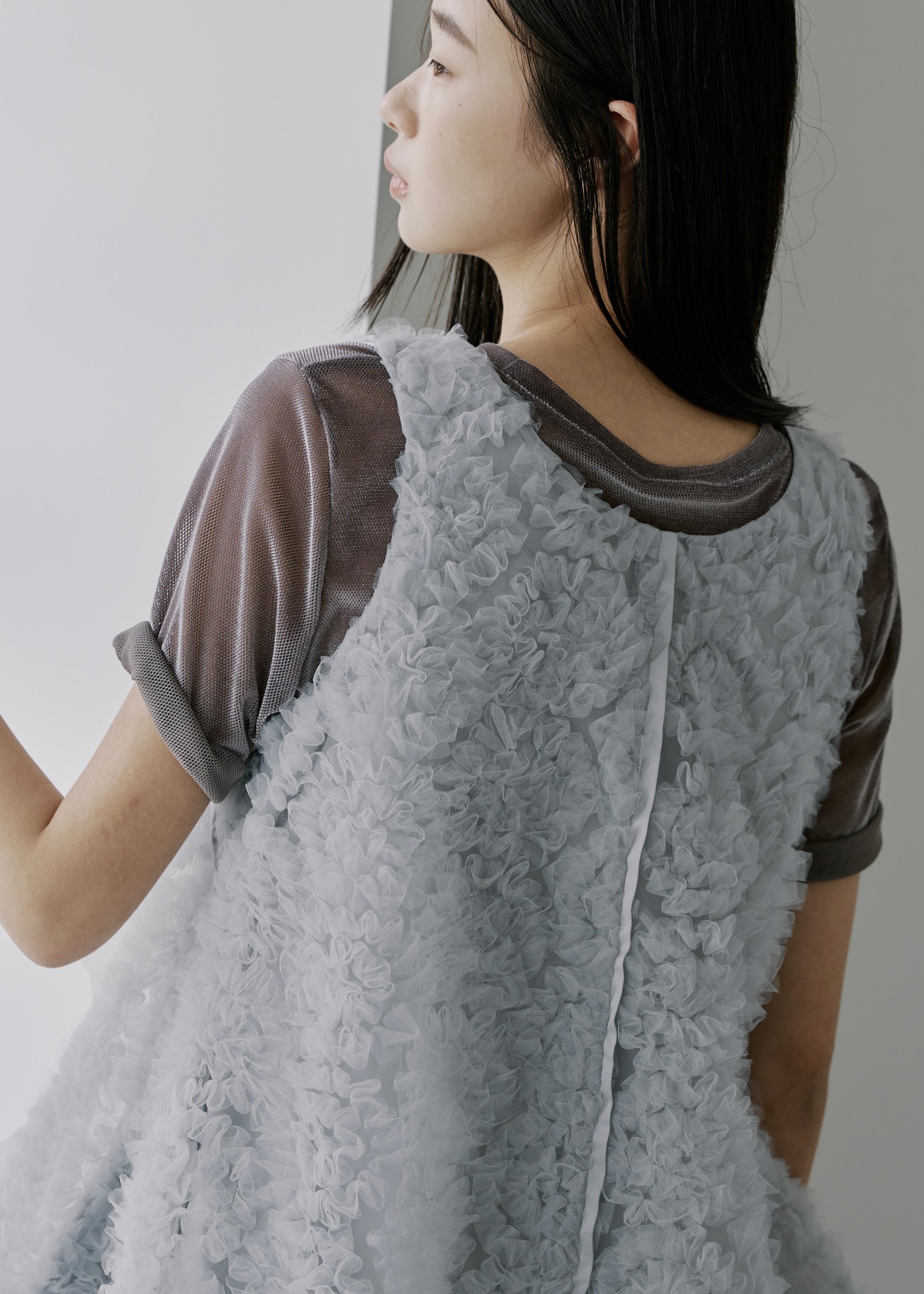 circle tulle motif balloon peplum nosleeve tops