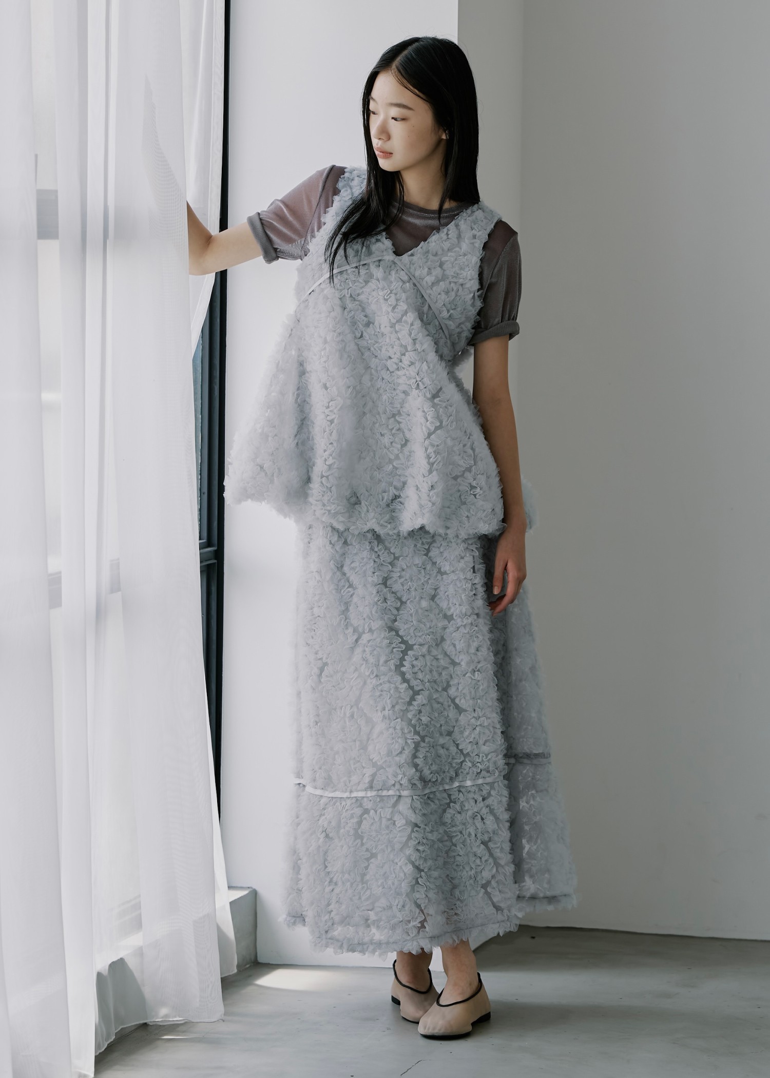 circle tulle motif balloon peplum nosleeve tops