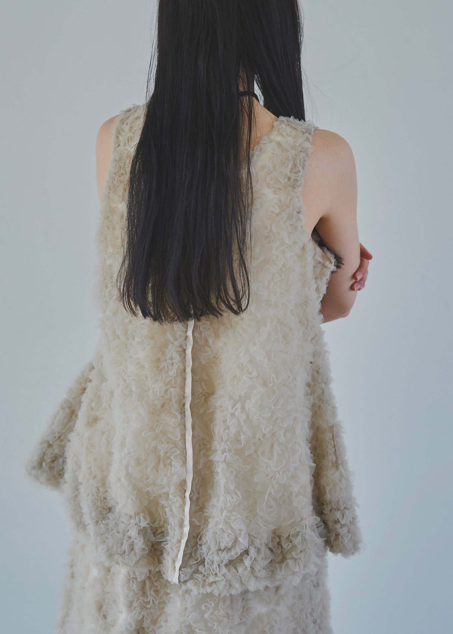 circle tulle motif balloon peplum nosleeve tops