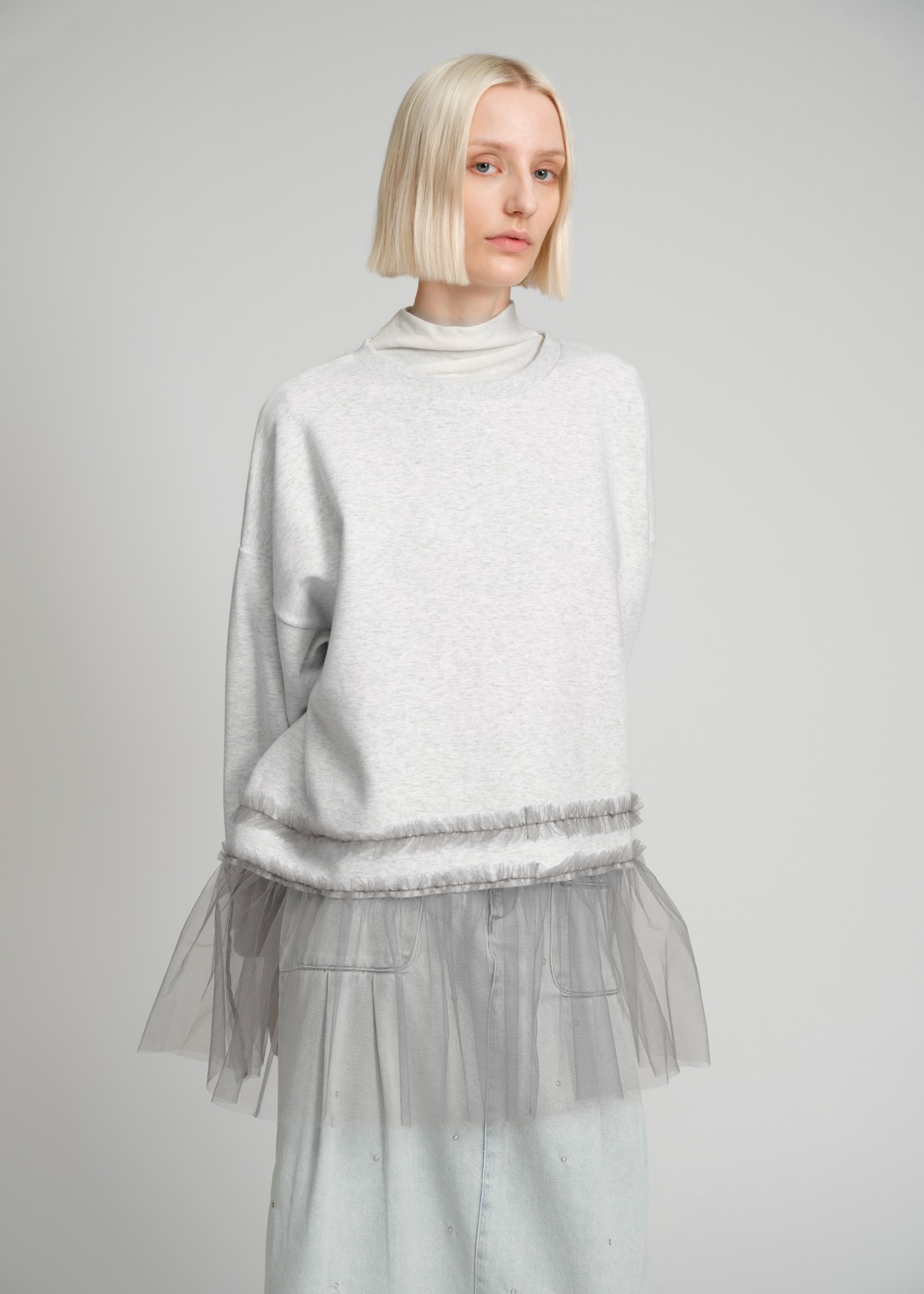 over size hem frill tulle tops