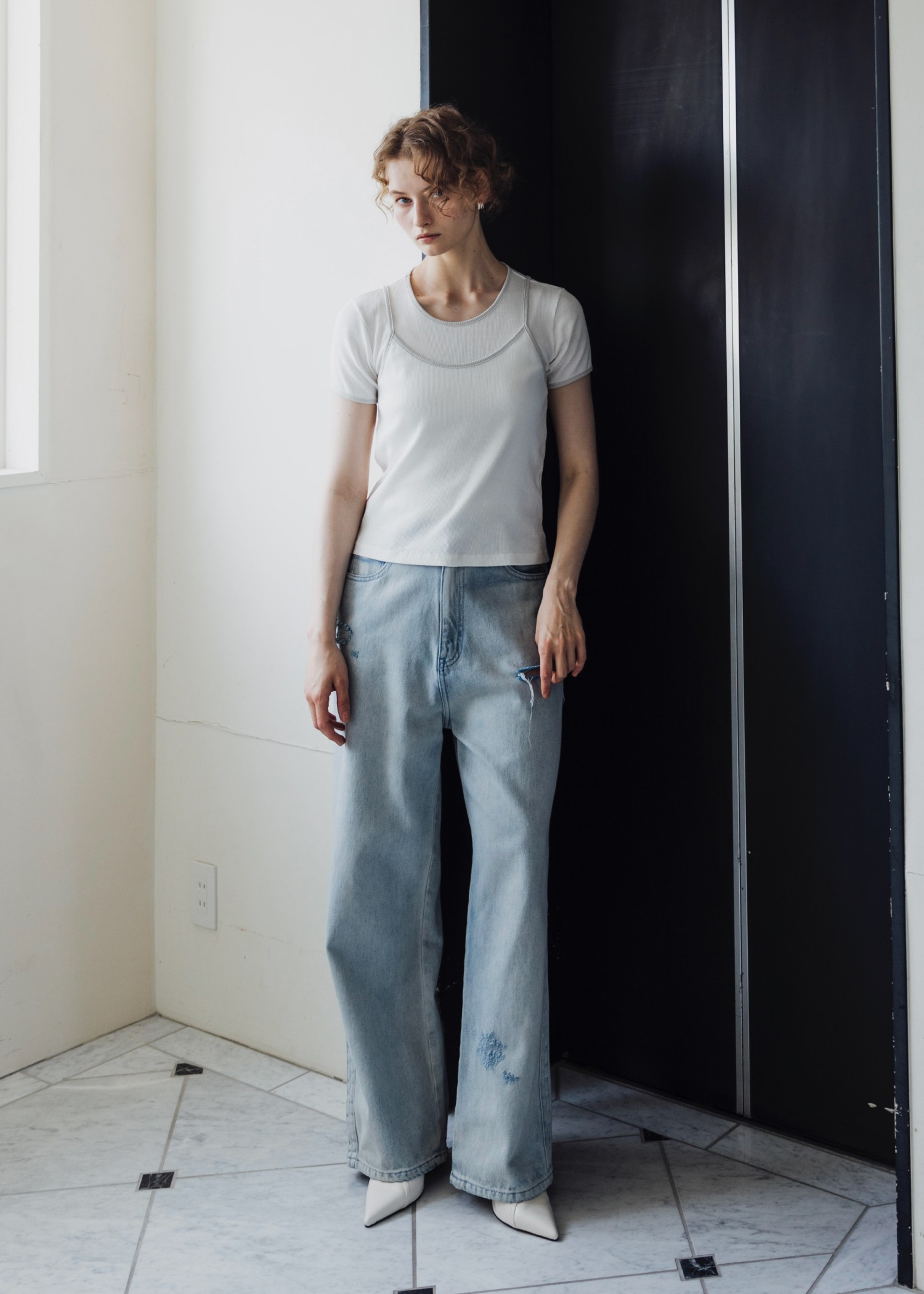 color schem cami & T-shirt set rib tops