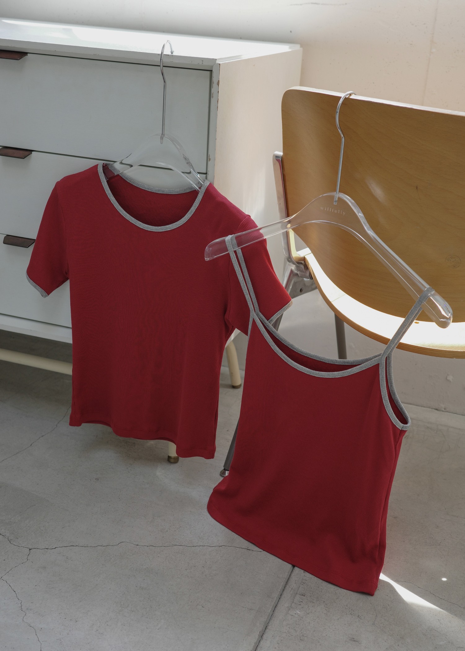 color schem cami & T-shirt set rib tops