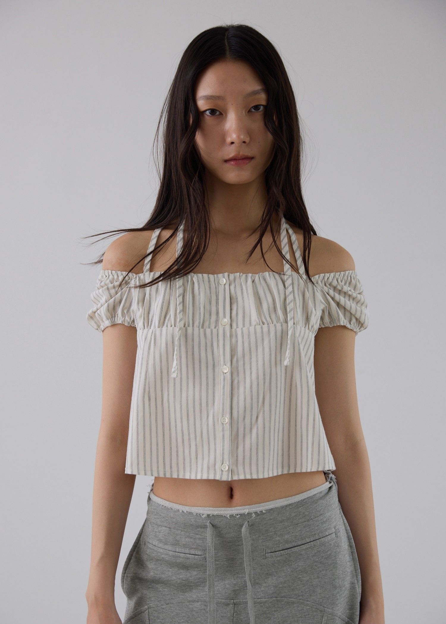 stripe gather puff sleeve BL