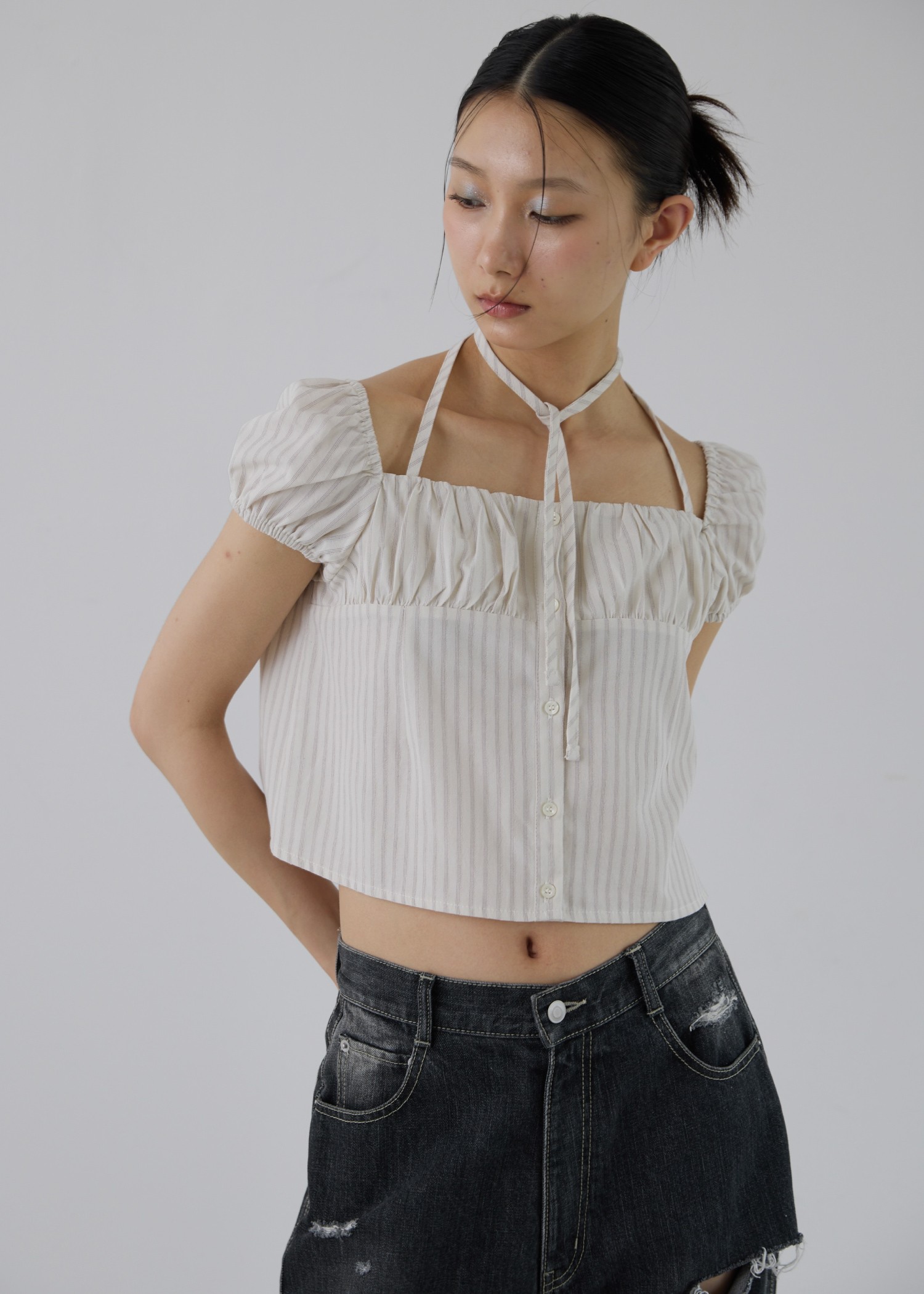 stripe gather puff sleeve BL