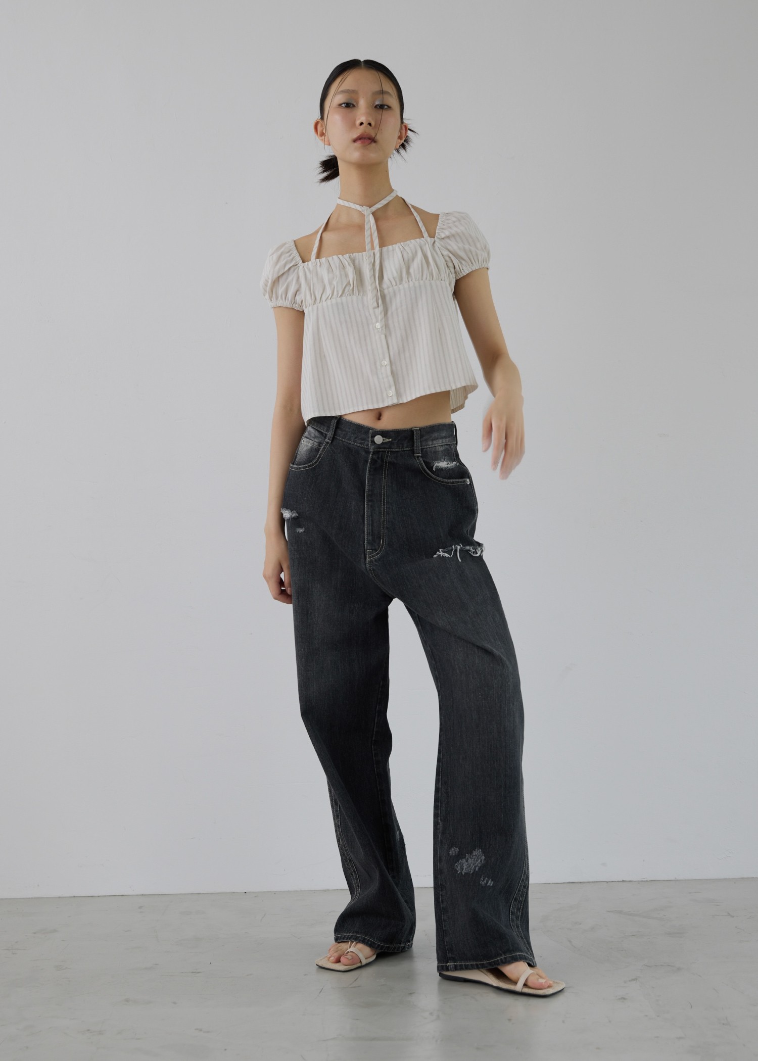 stripe gather puff sleeve BL