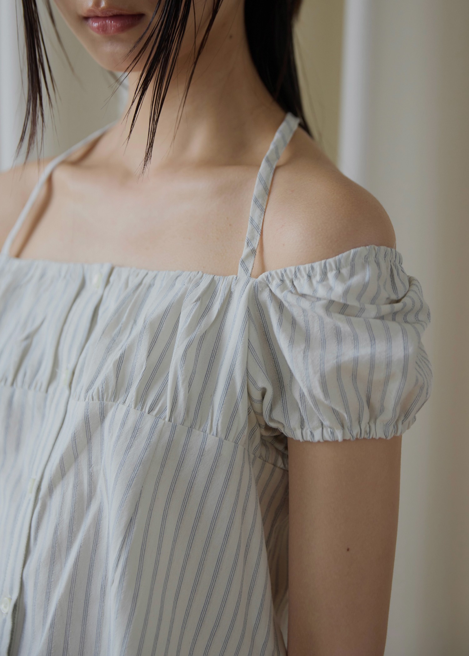 stripe gather puff sleeve BL