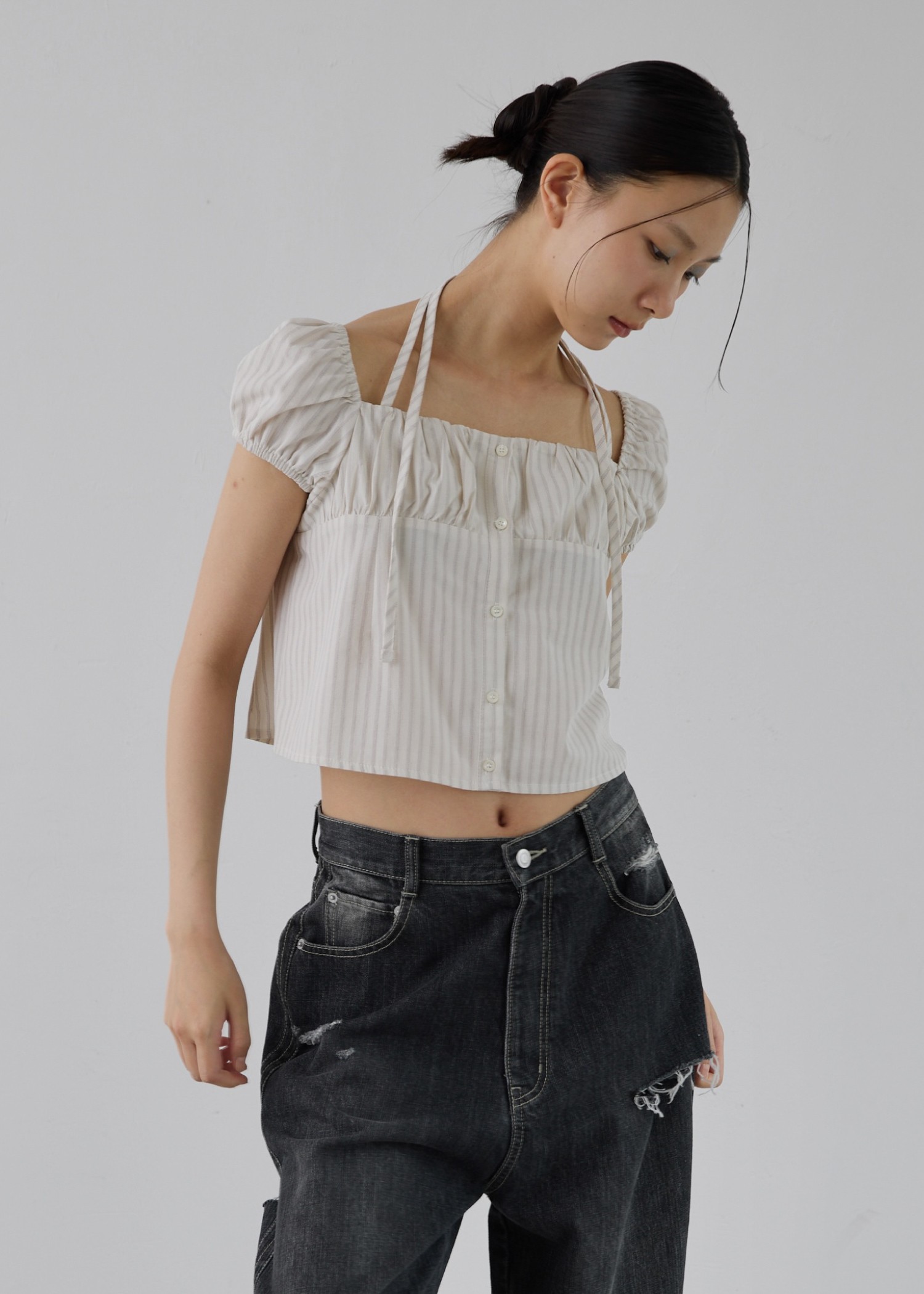 stripe gather puff sleeve BL