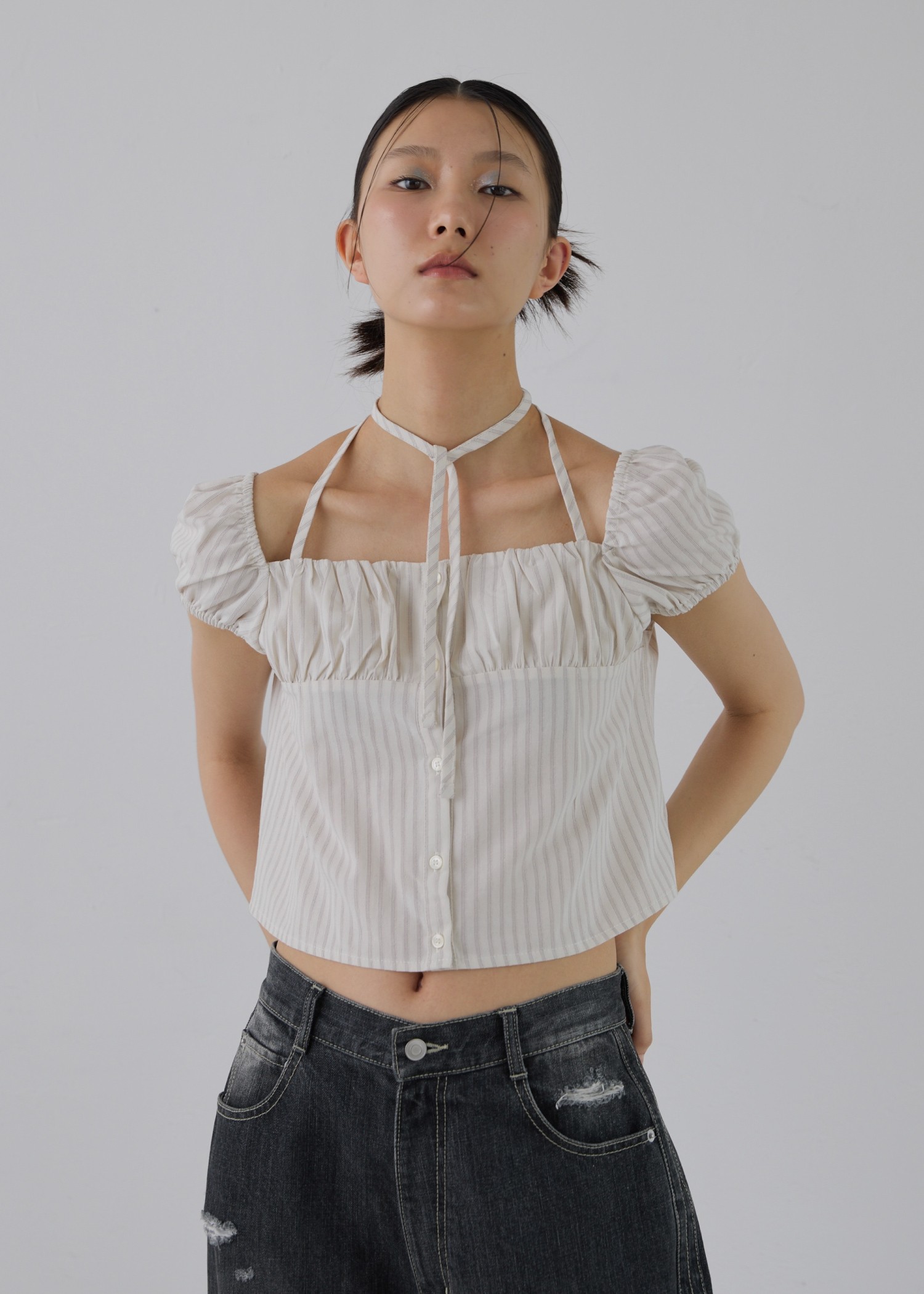 stripe gather puff sleeve BL