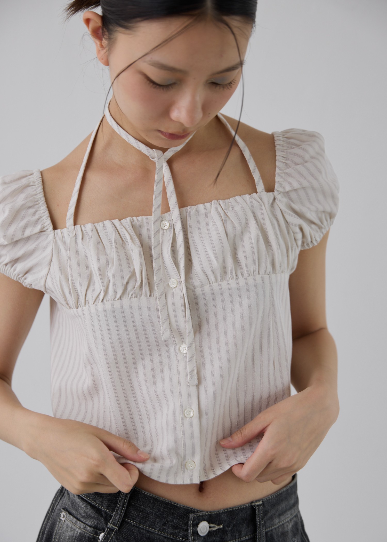 stripe gather puff sleeve BL