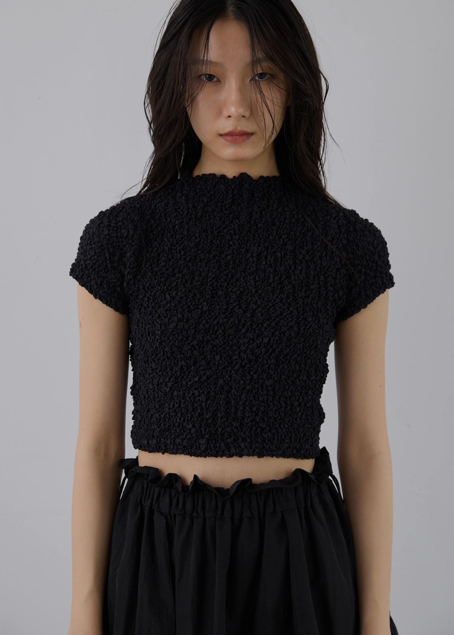 crumple petit high neck short tops