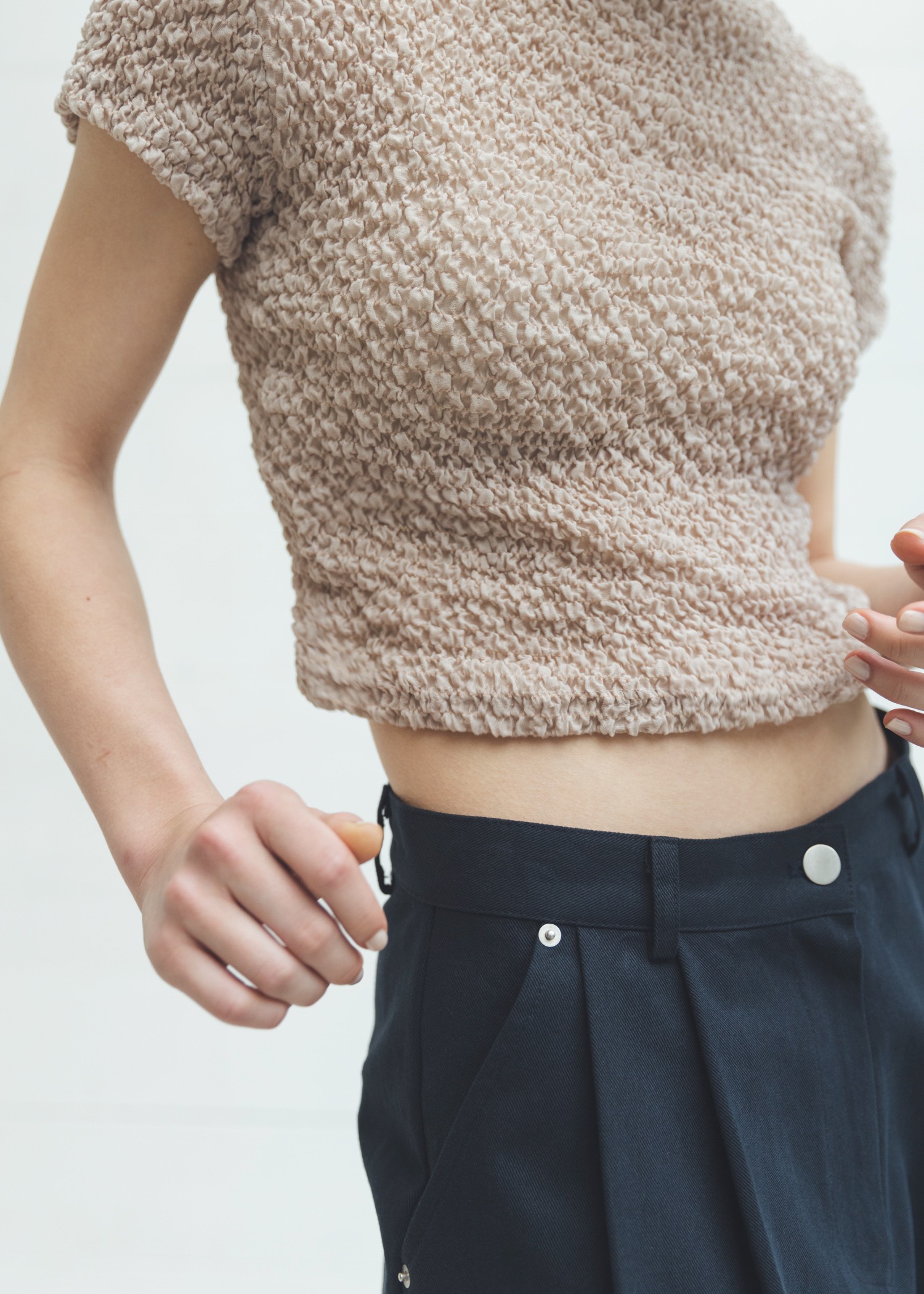 crumple petit high neck short tops