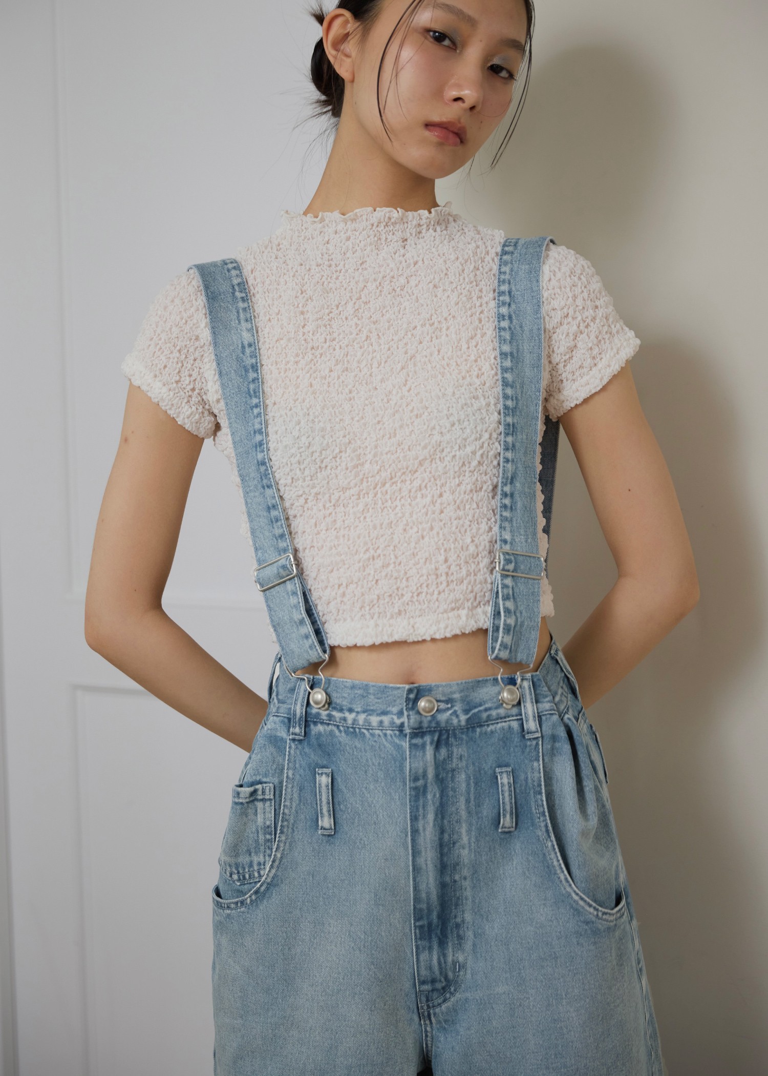 crumple petit high neck short tops