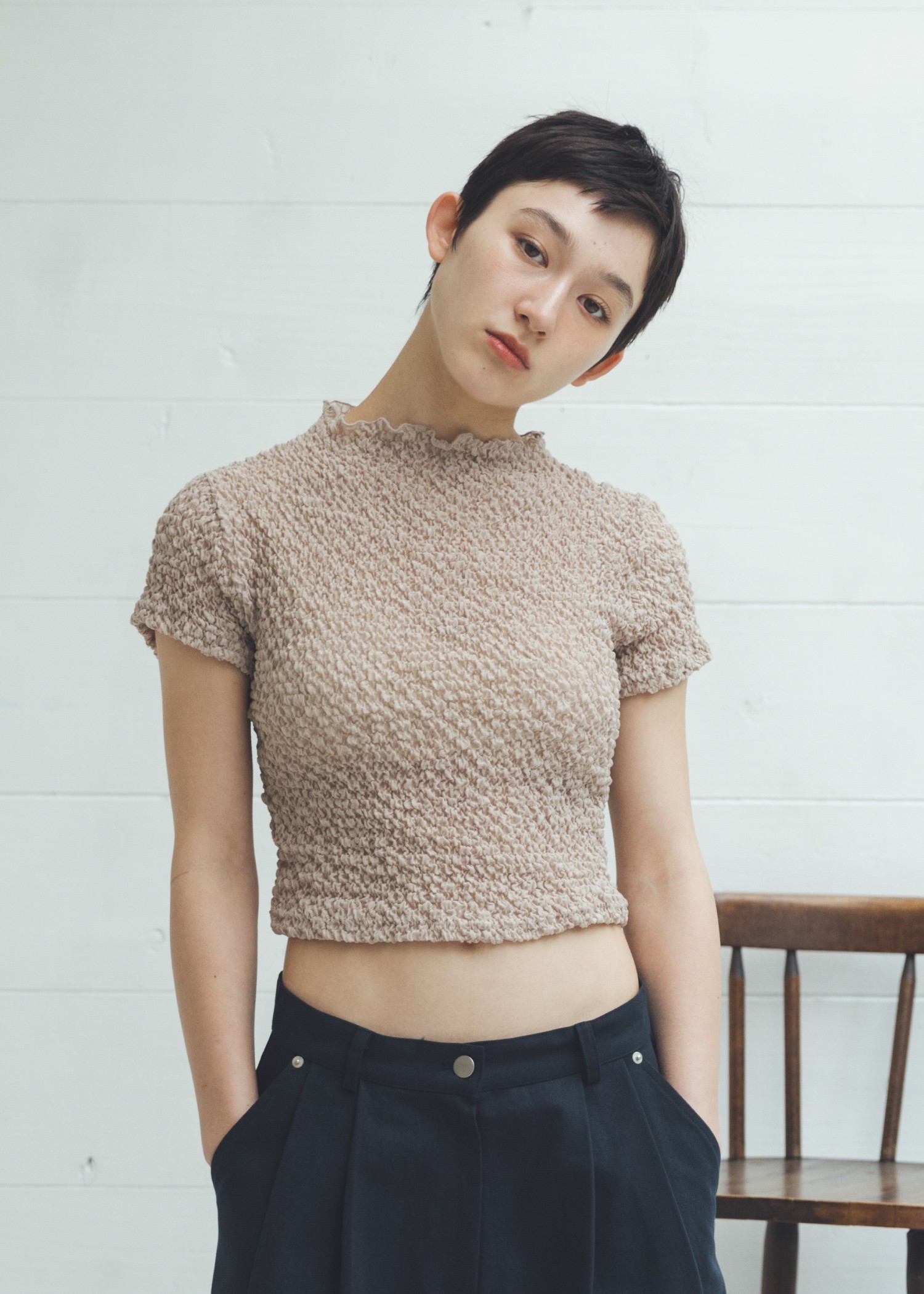 crumple petit high neck short tops