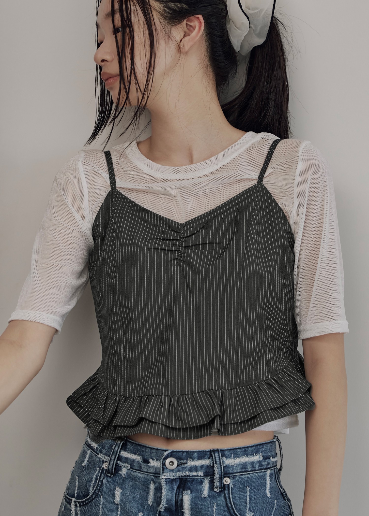 velour mesh tulle half sleeve tops