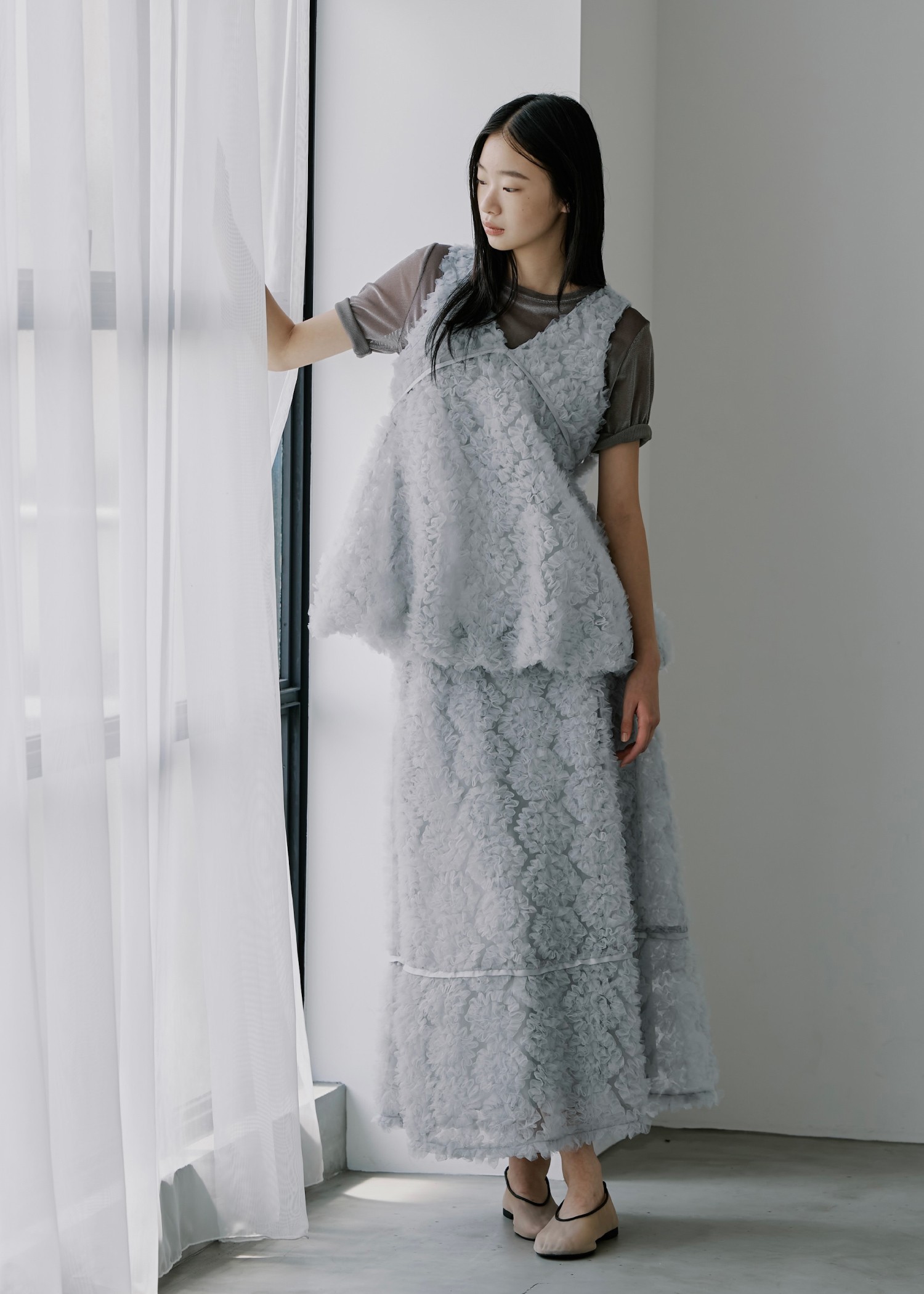 velour mesh tulle half sleeve tops