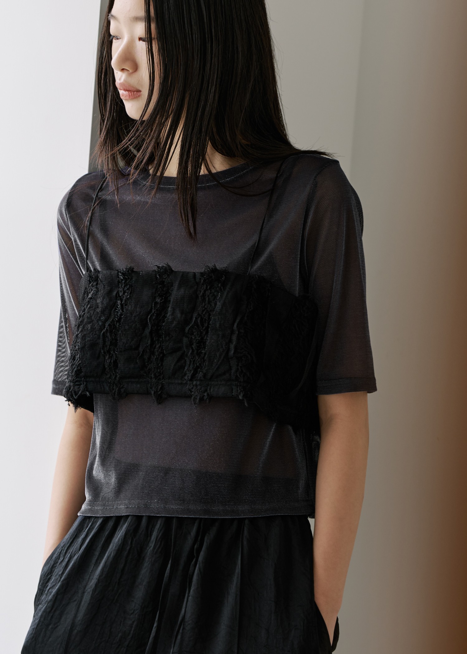 velour mesh tulle half sleeve tops