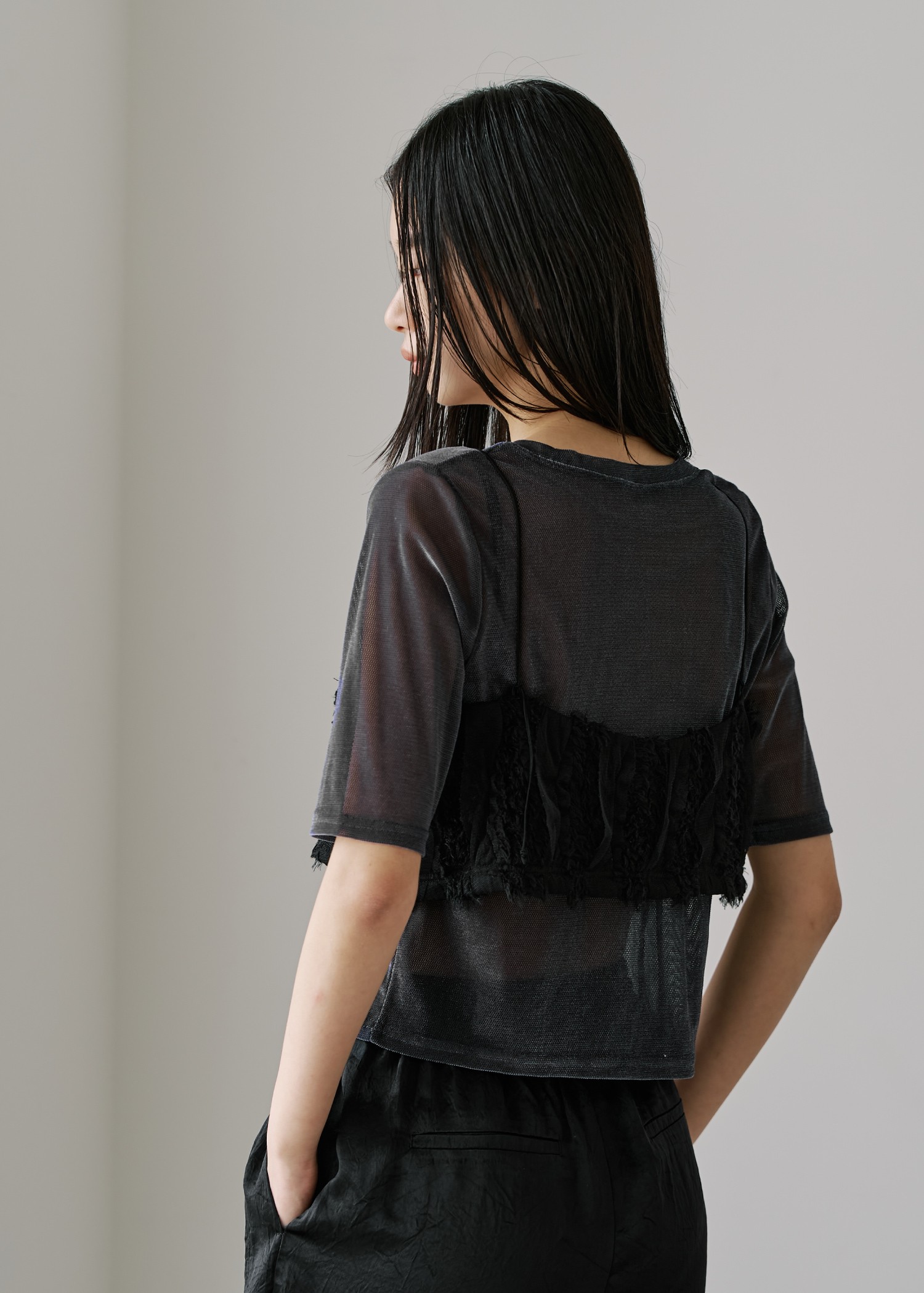 velour mesh tulle half sleeve tops