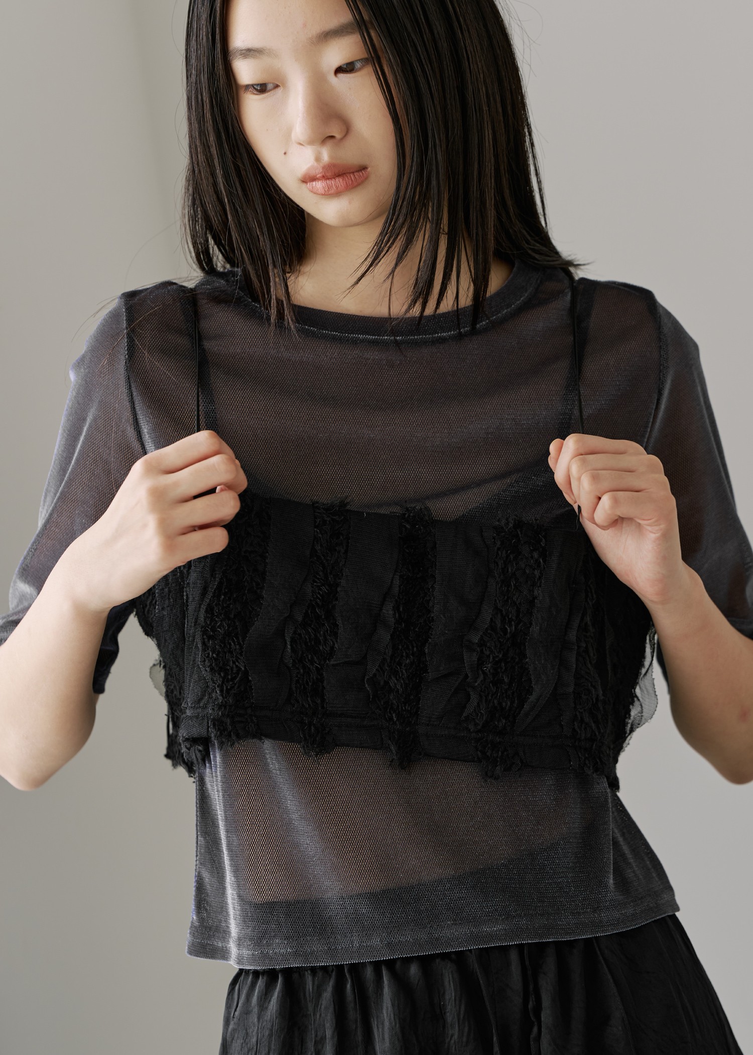 velour mesh tulle half sleeve tops