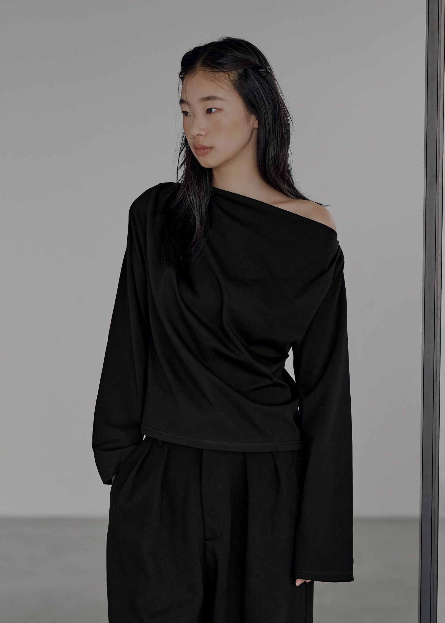 asymmetry drape neck tops