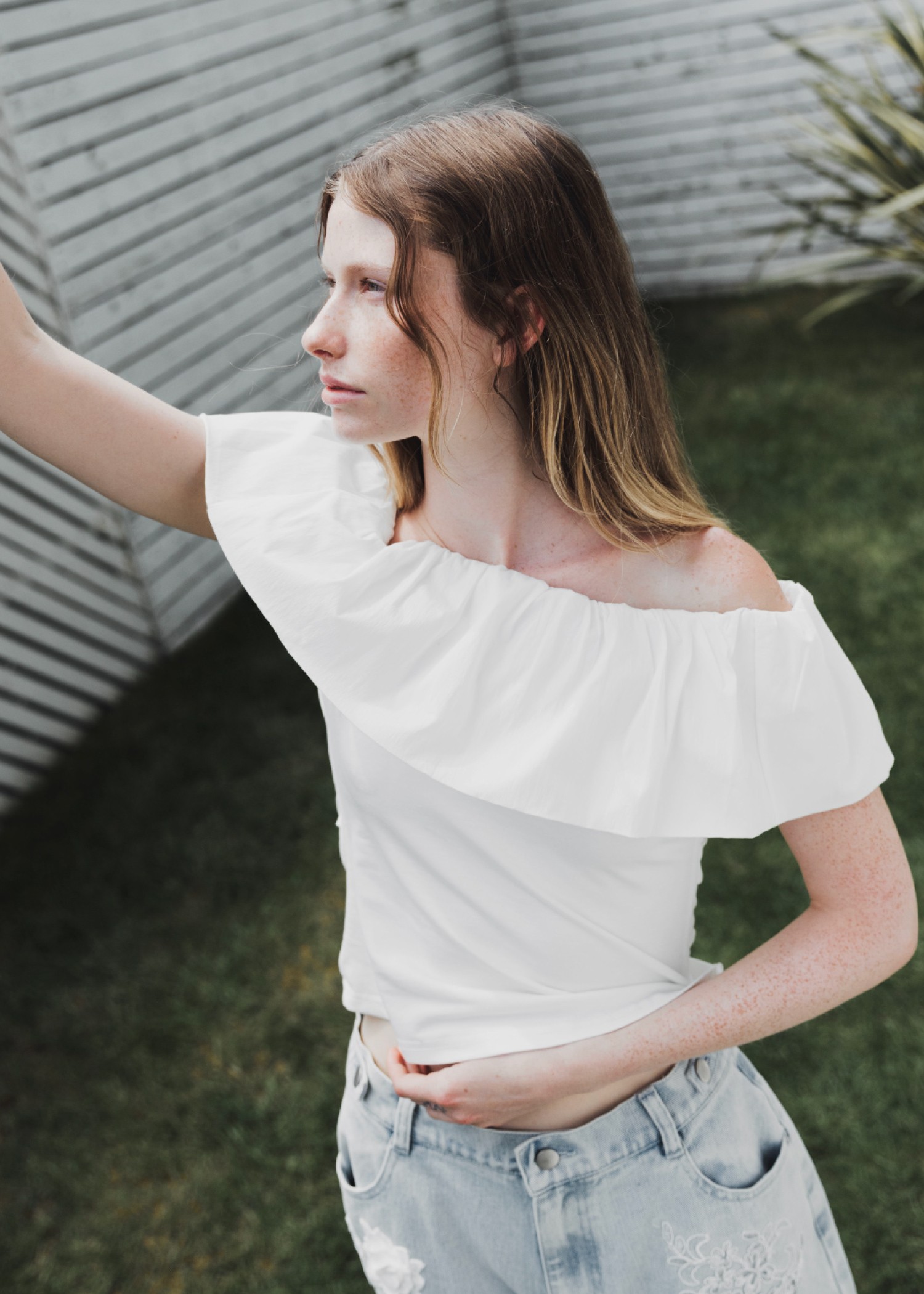 off shoulder frill turnup tops