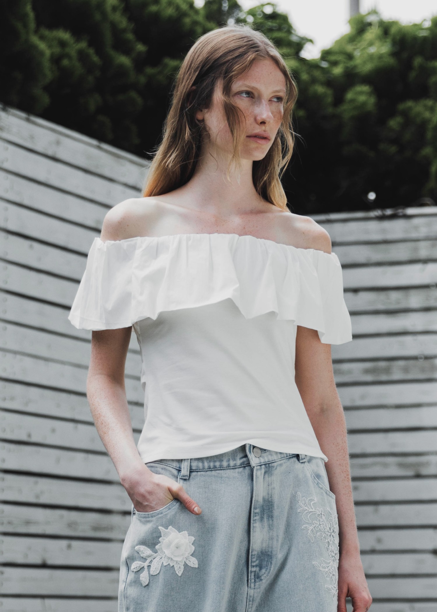 off shoulder frill turnup tops