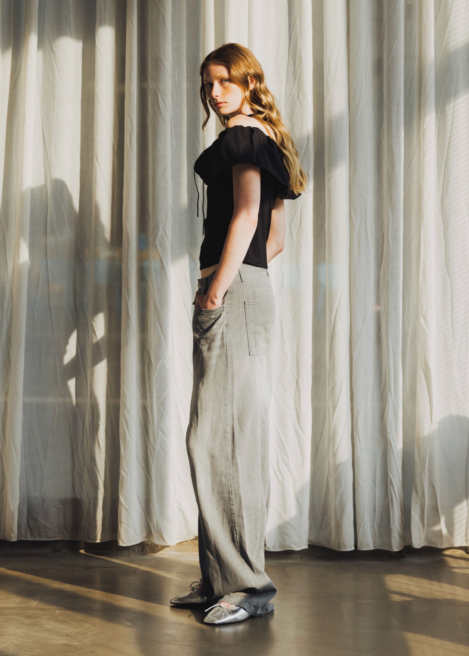 off shoulder frill turnup tops