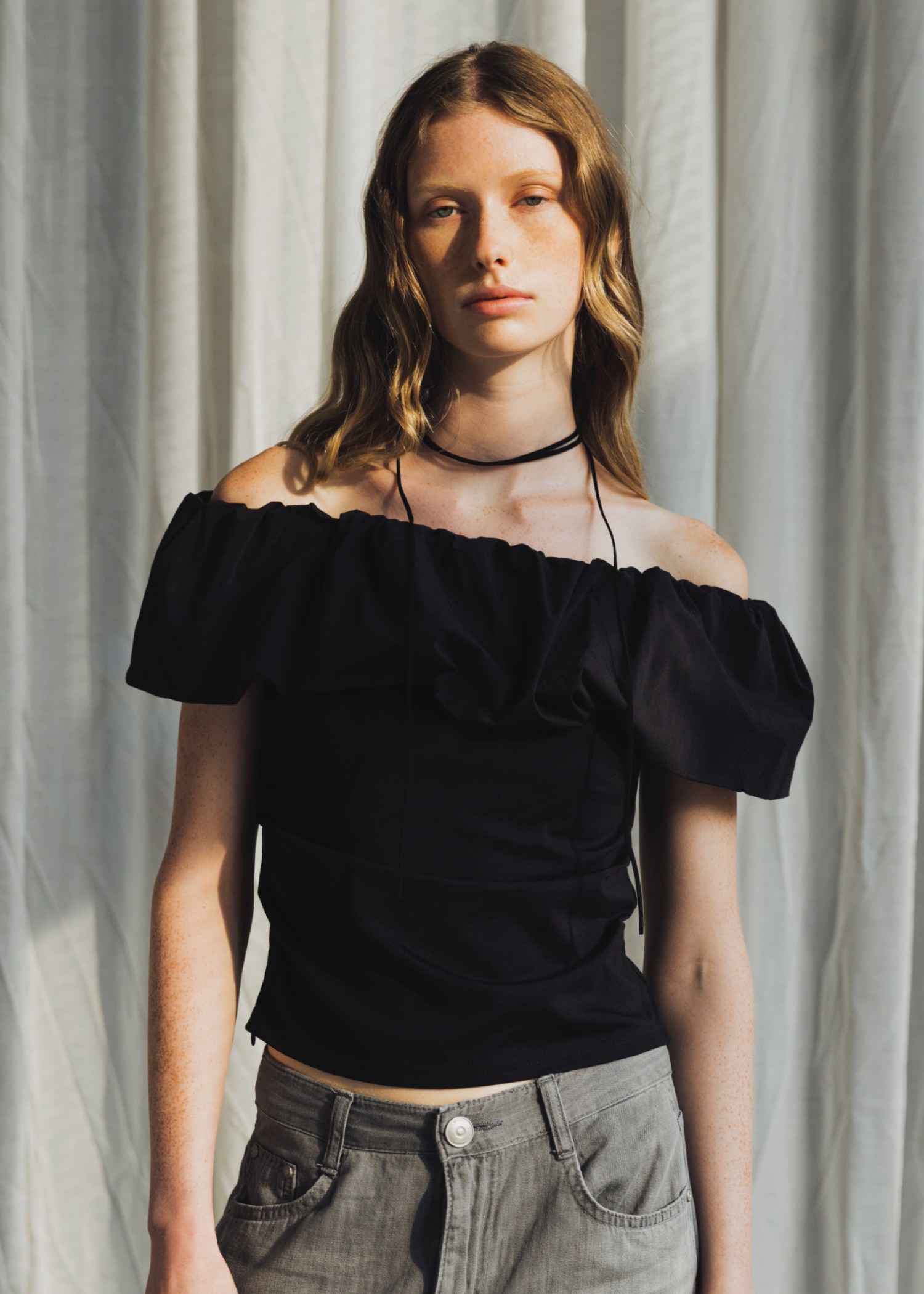 off shoulder frill turnup tops