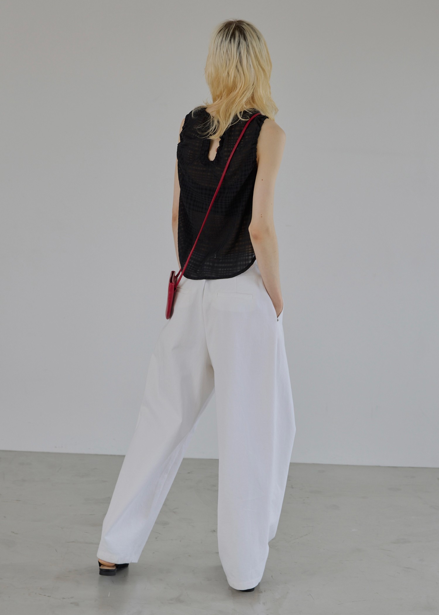 sheer check drawstring no sleeve tops