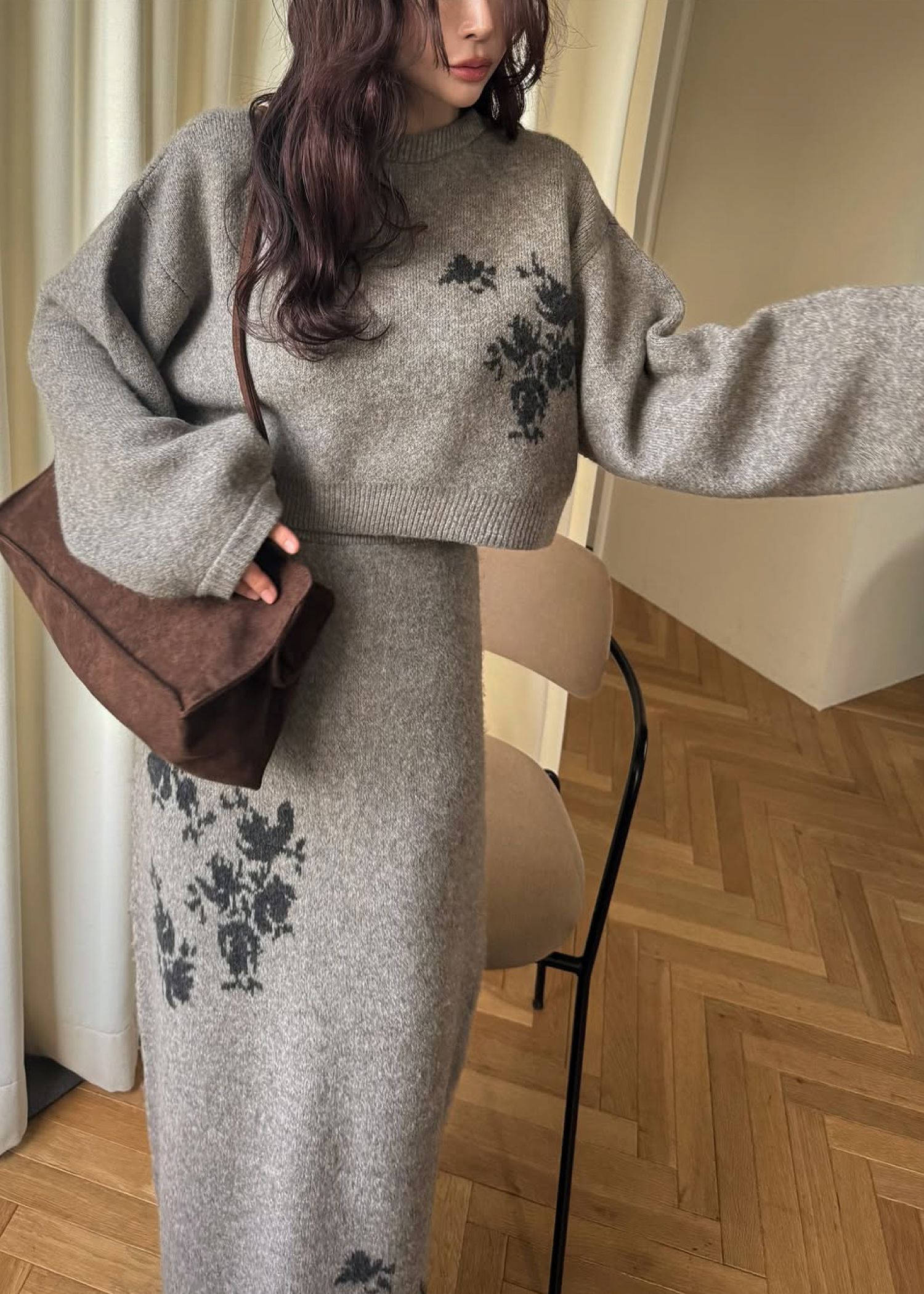 cropped flower jacquard knit cardigan