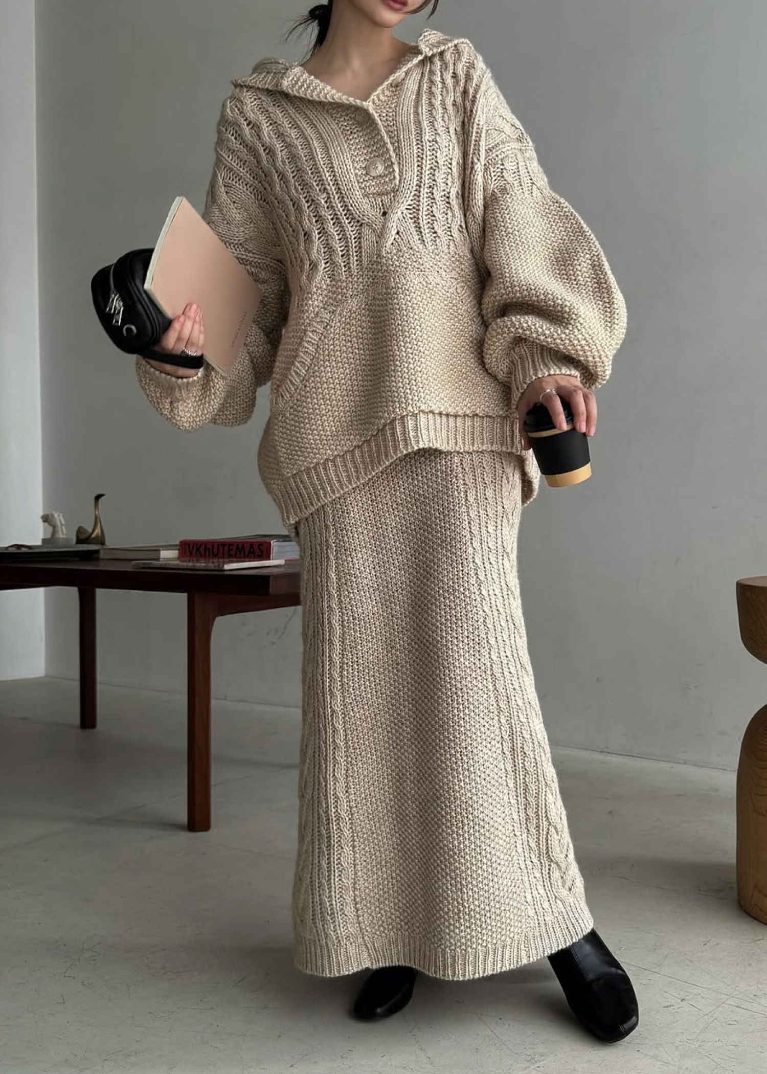 skipper hoodie cable muff pocket knit