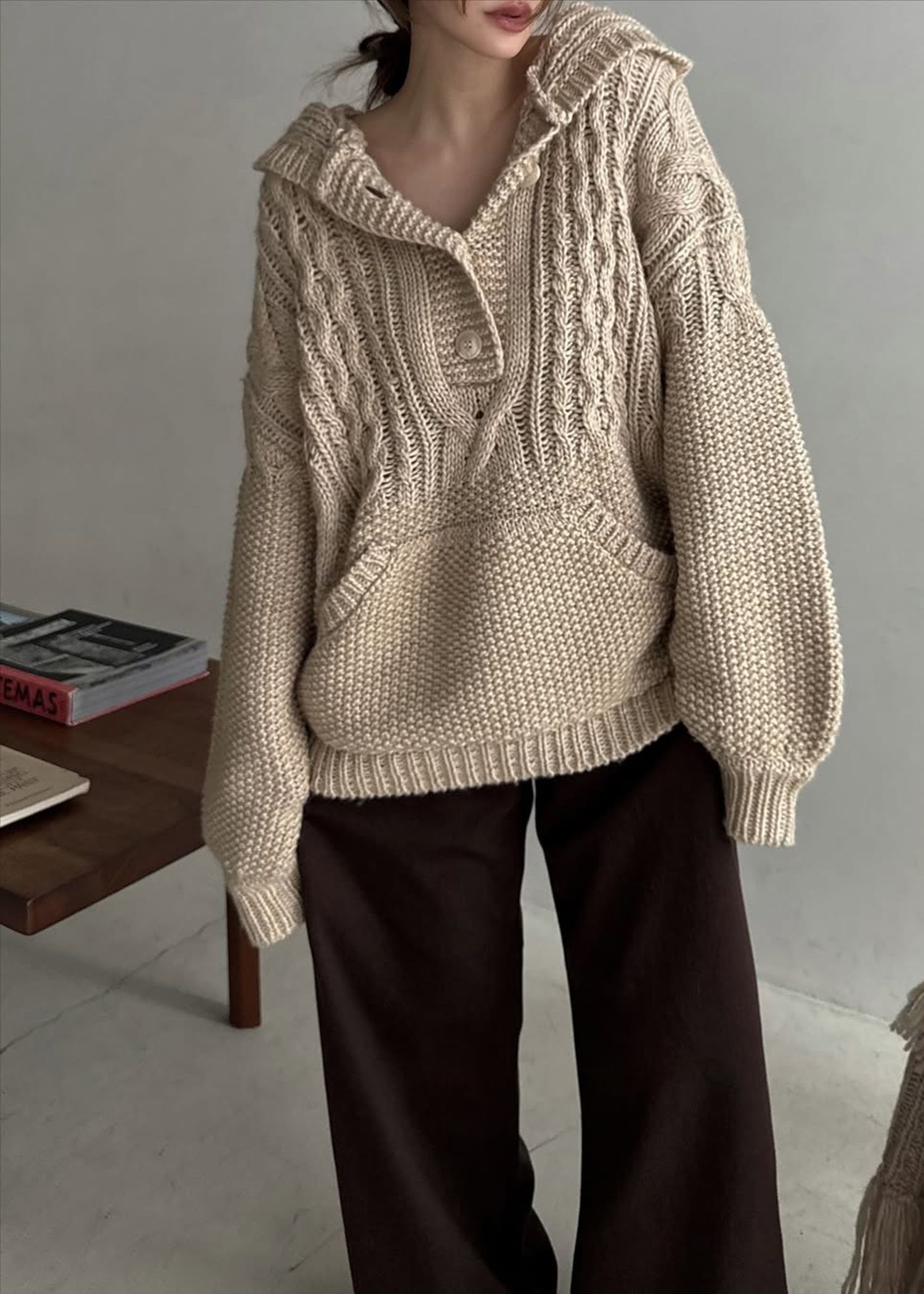 skipper hoodie cable muff pocket knit