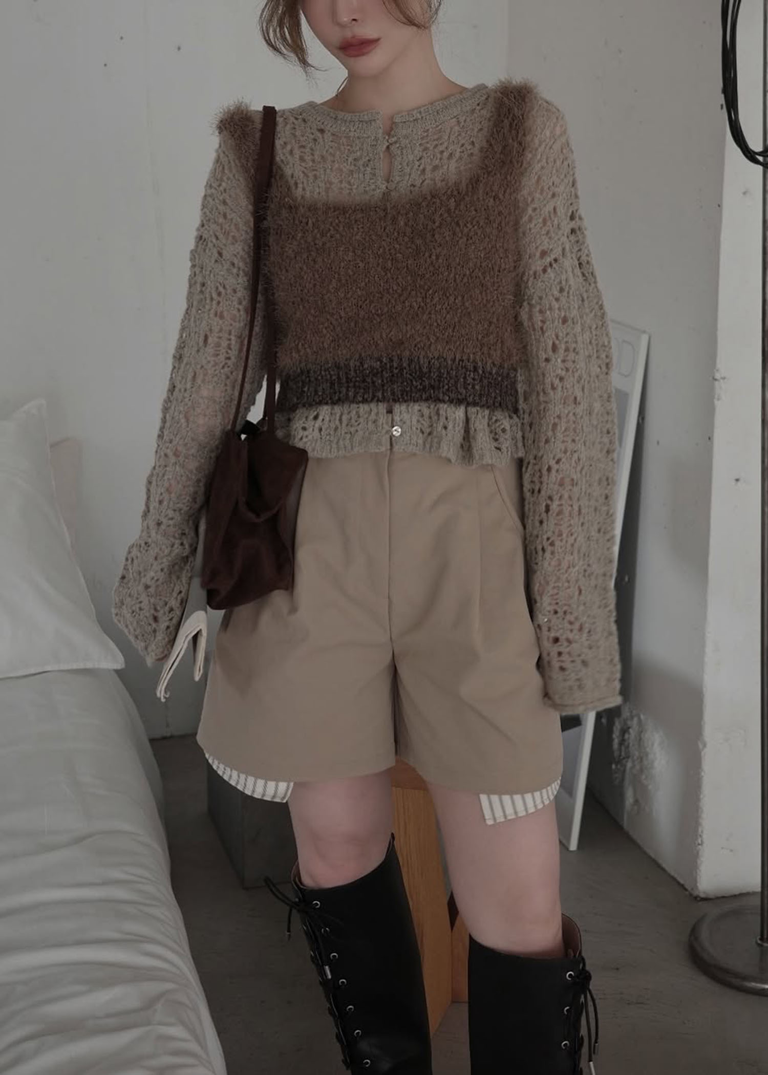 openwork knit short cardigan