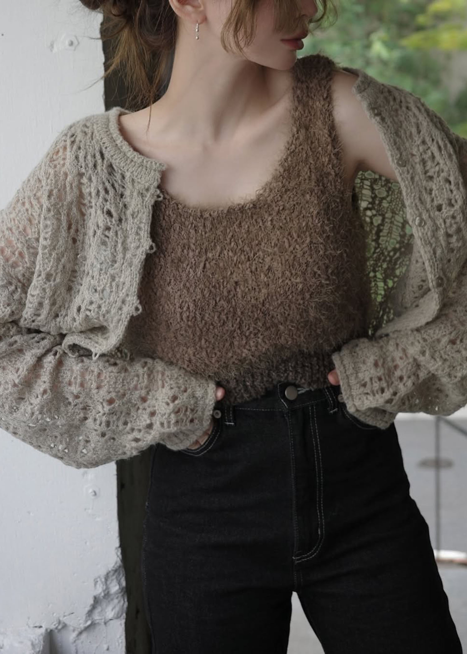 openwork knit short cardigan
