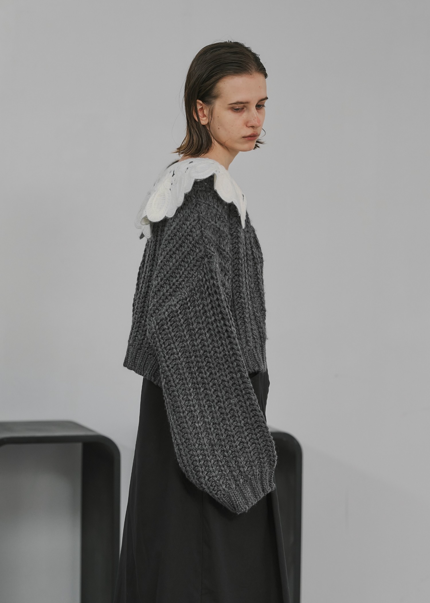 motif collar removal knit cardigan