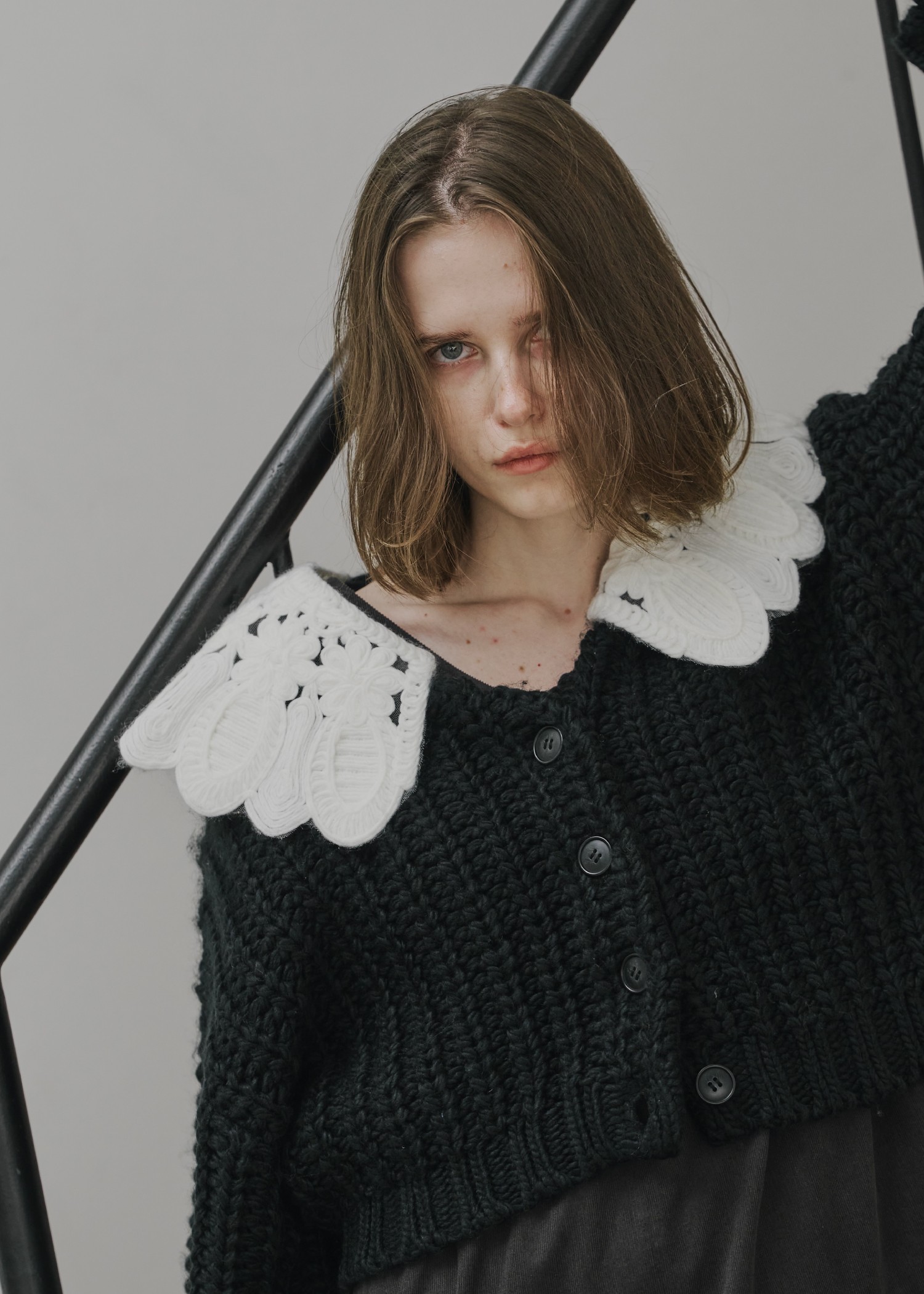 motif collar removal knit cardigan