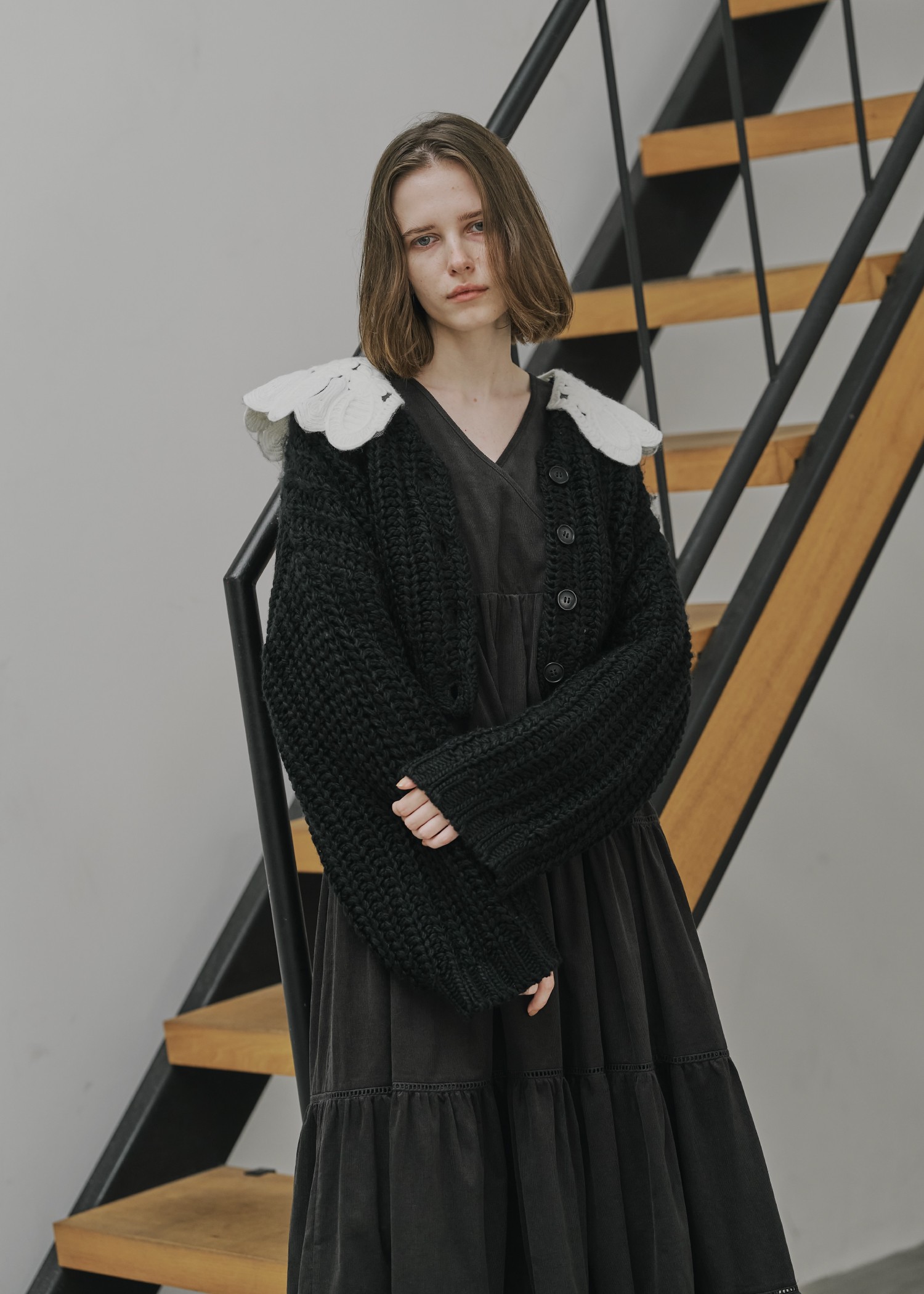 motif collar removal knit cardigan