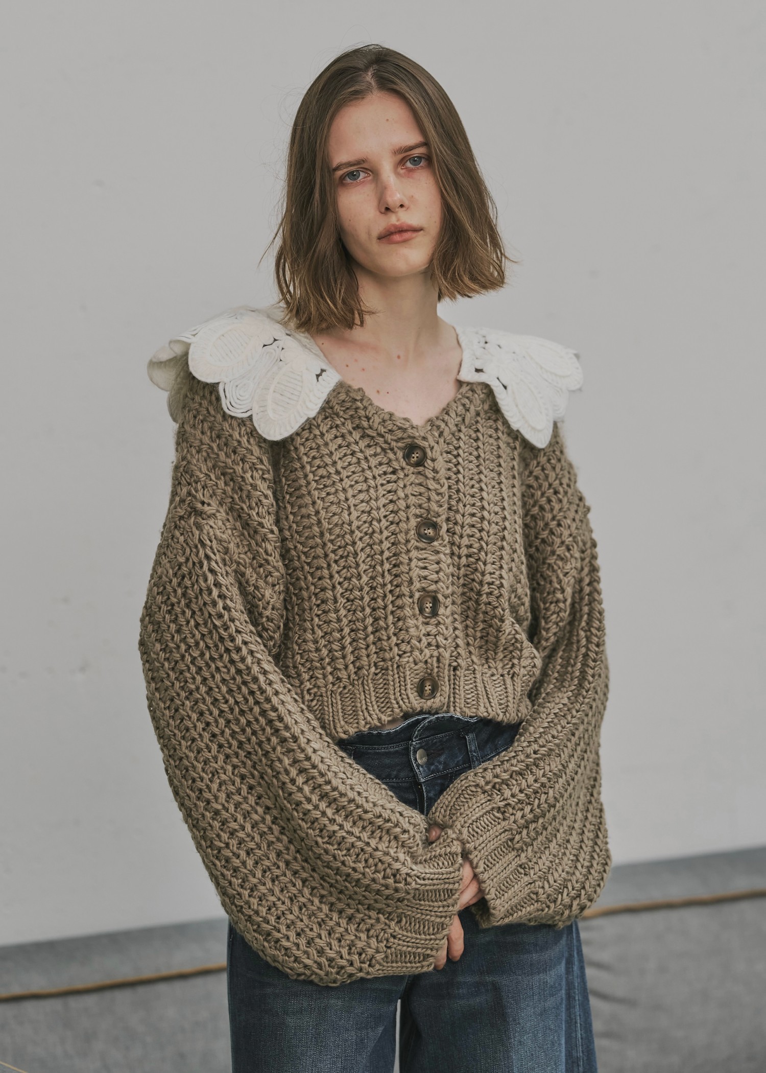 motif collar removal knit cardigan