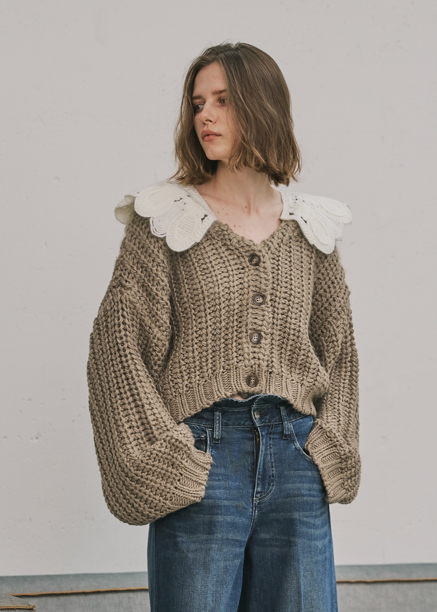 motif collar removal knit cardigan