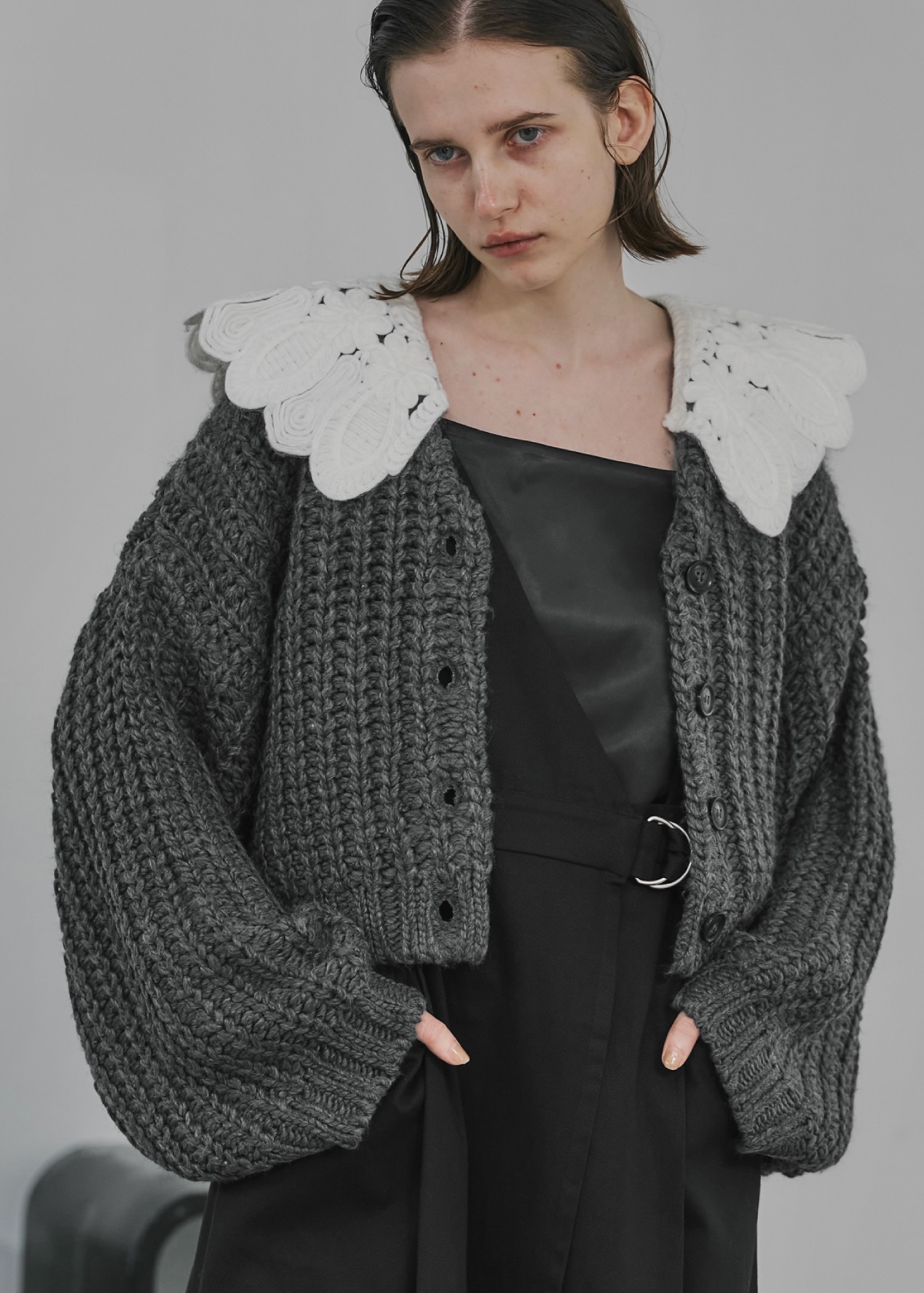 motif collar removal knit cardigan