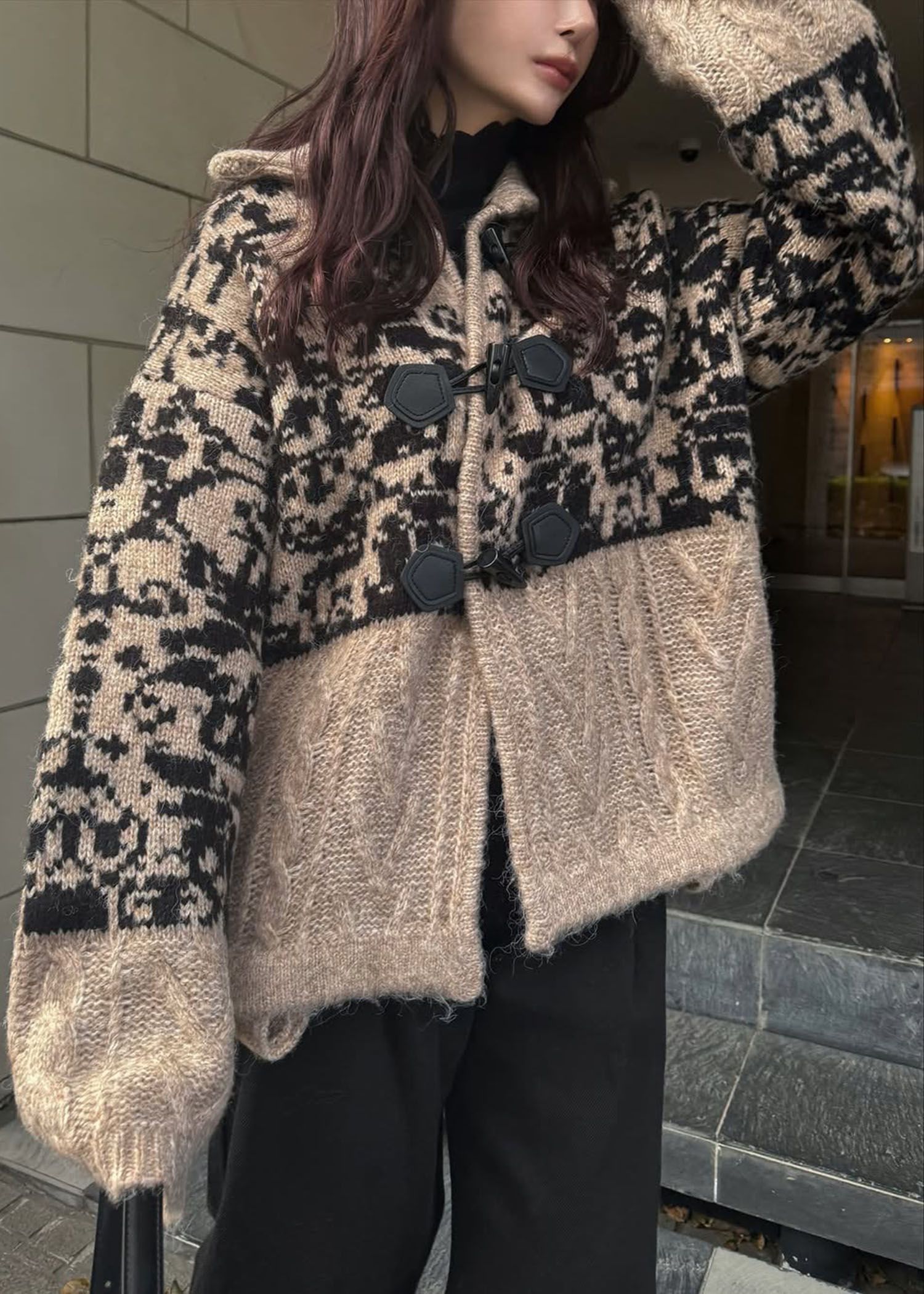 jacquard & cable placement  toggle knit