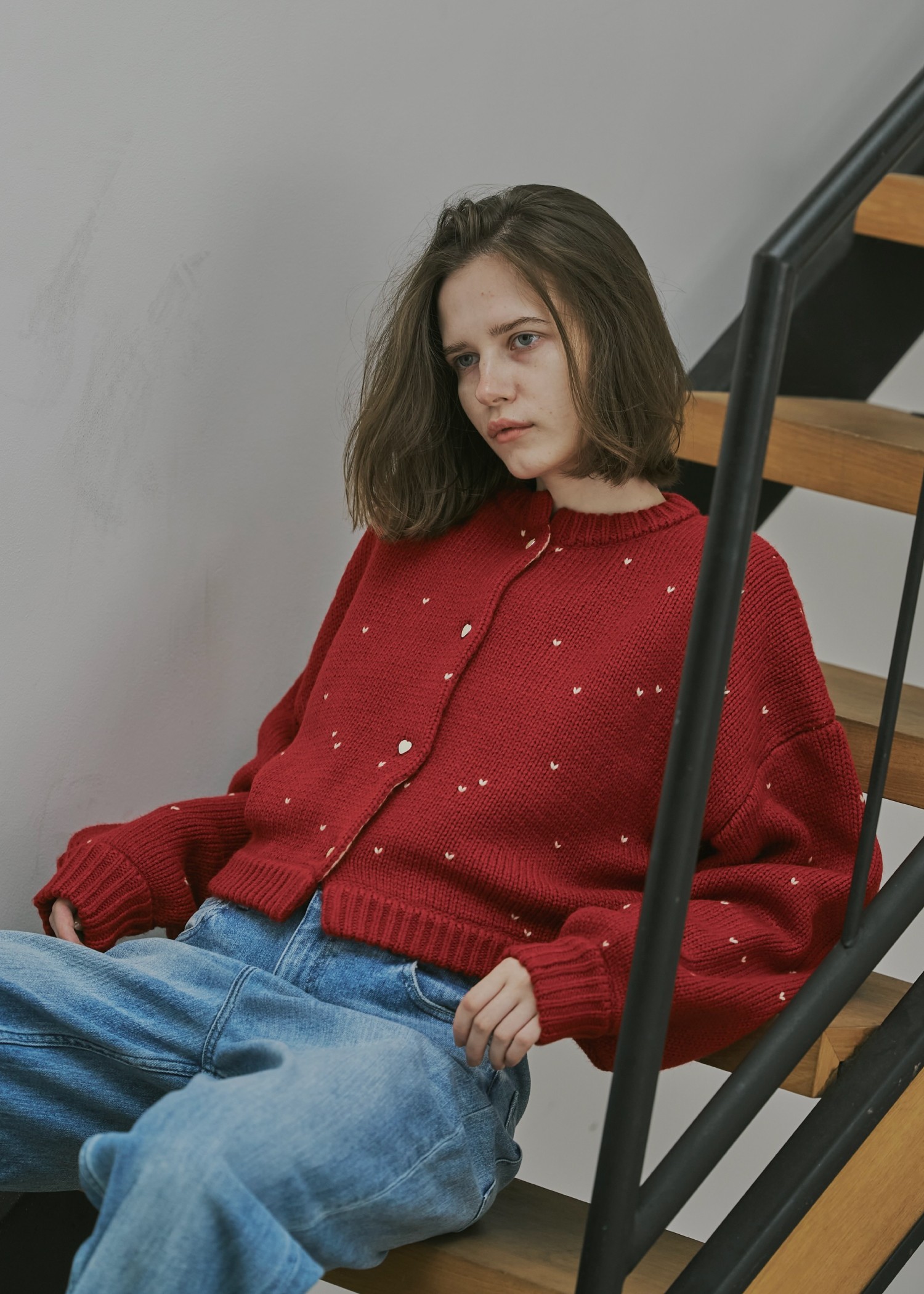 heart dot jacquard reversible cropped knit cardigan