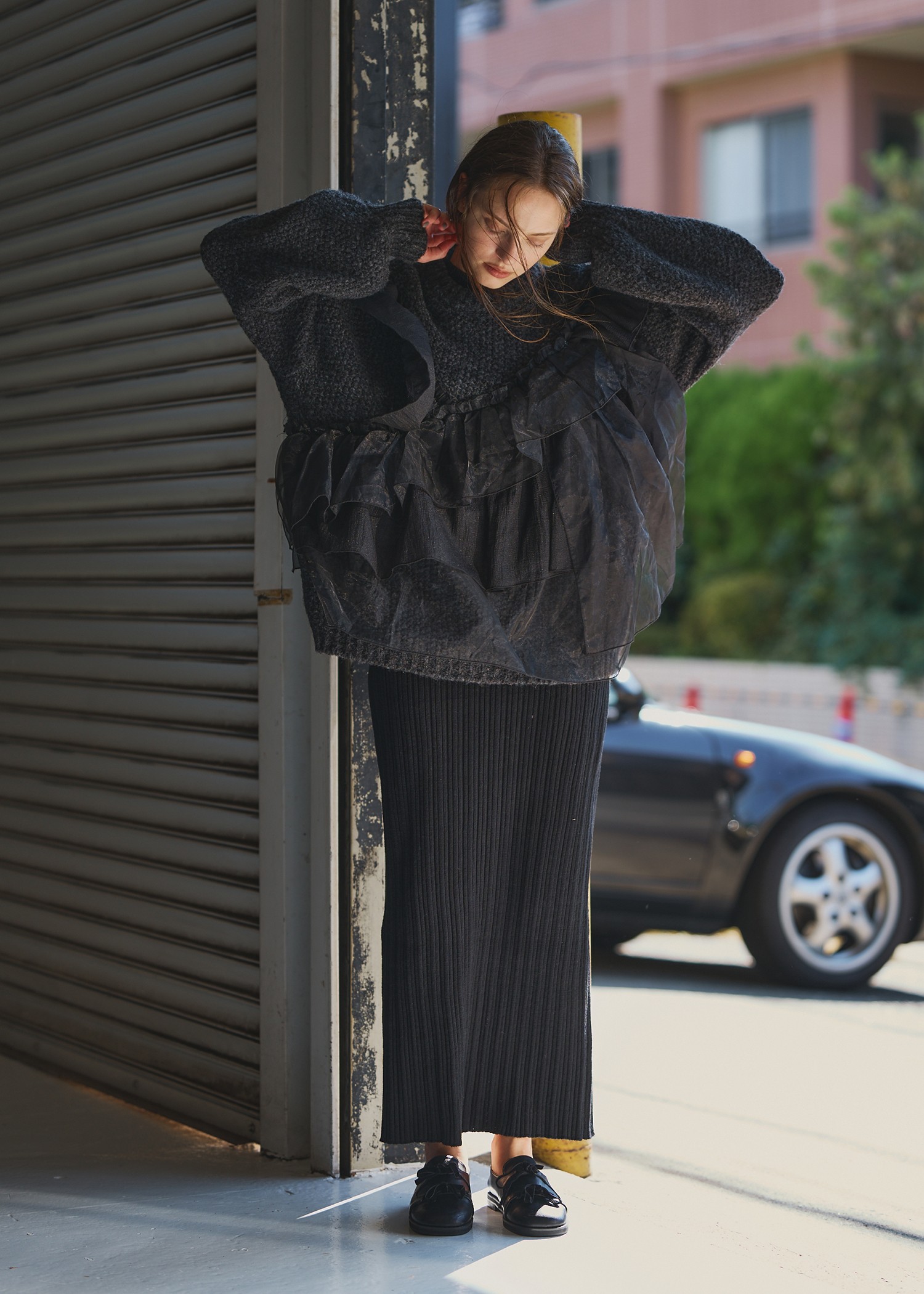 random frill placement volume sleeve knit