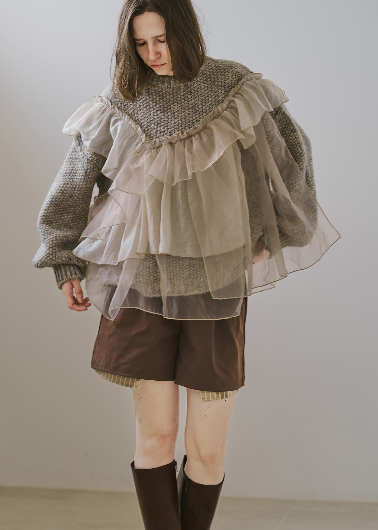 random frill placement volume sleeve knit