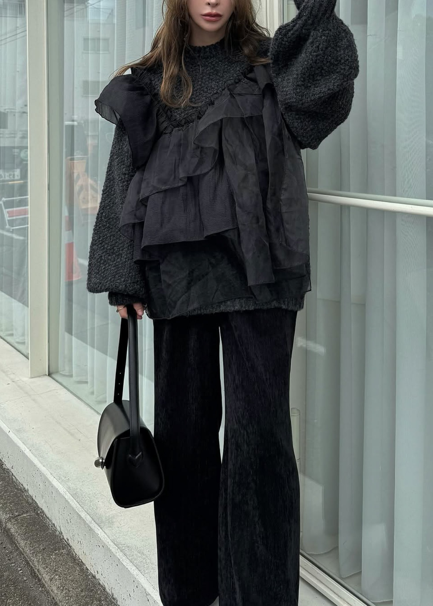 random frill placement volume sleeve knit