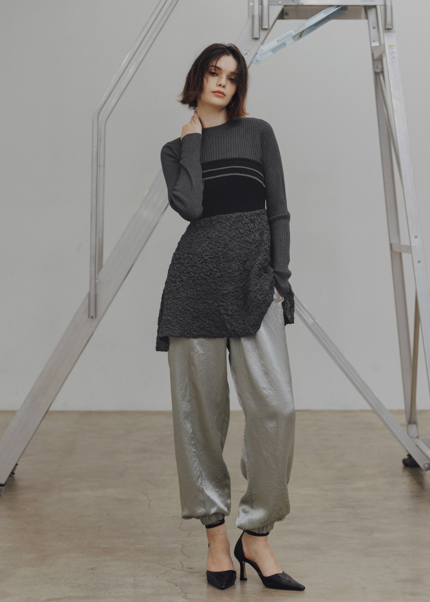 sheer lame peplum blister jacquard knit