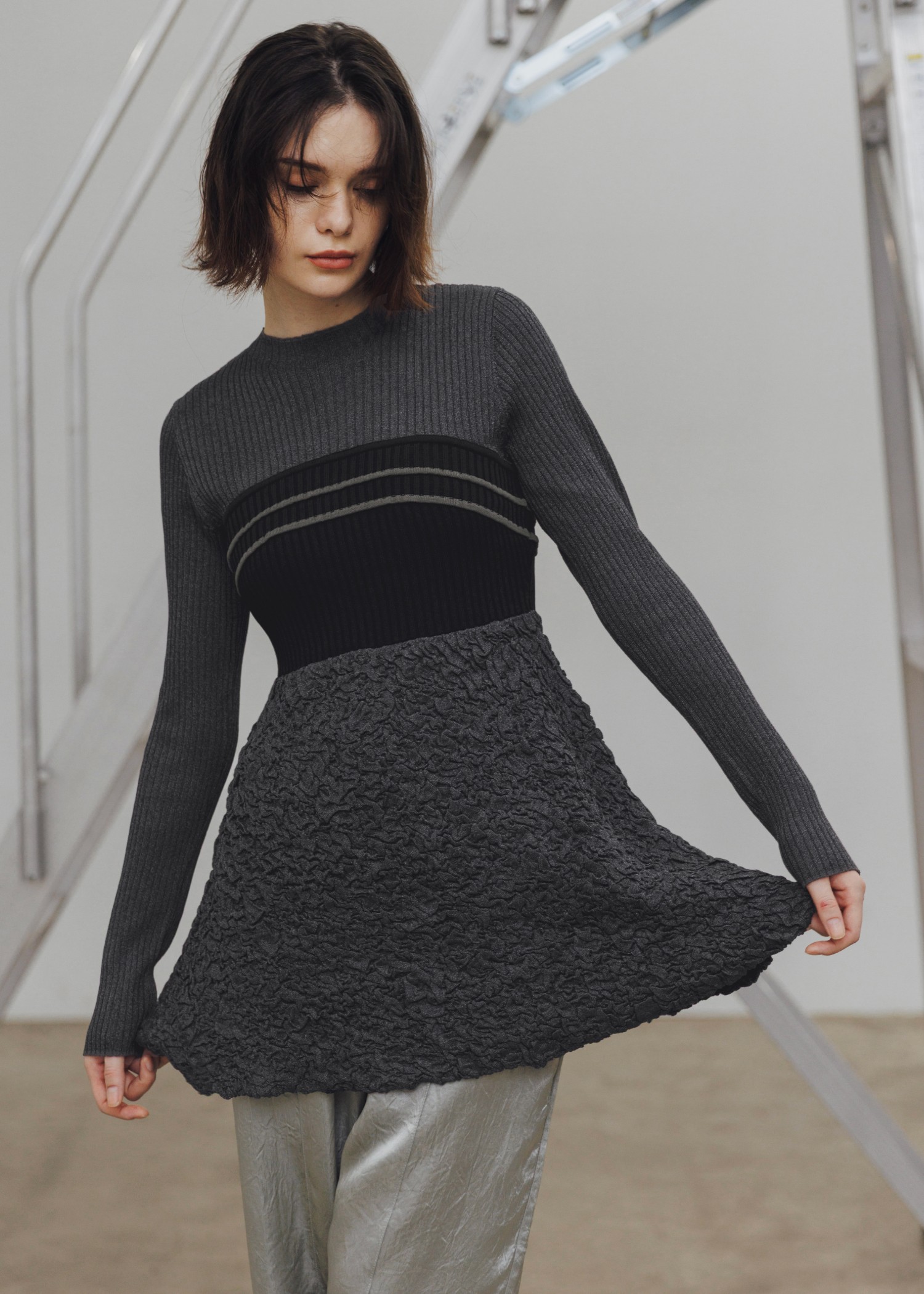 sheer lame peplum blister jacquard knit