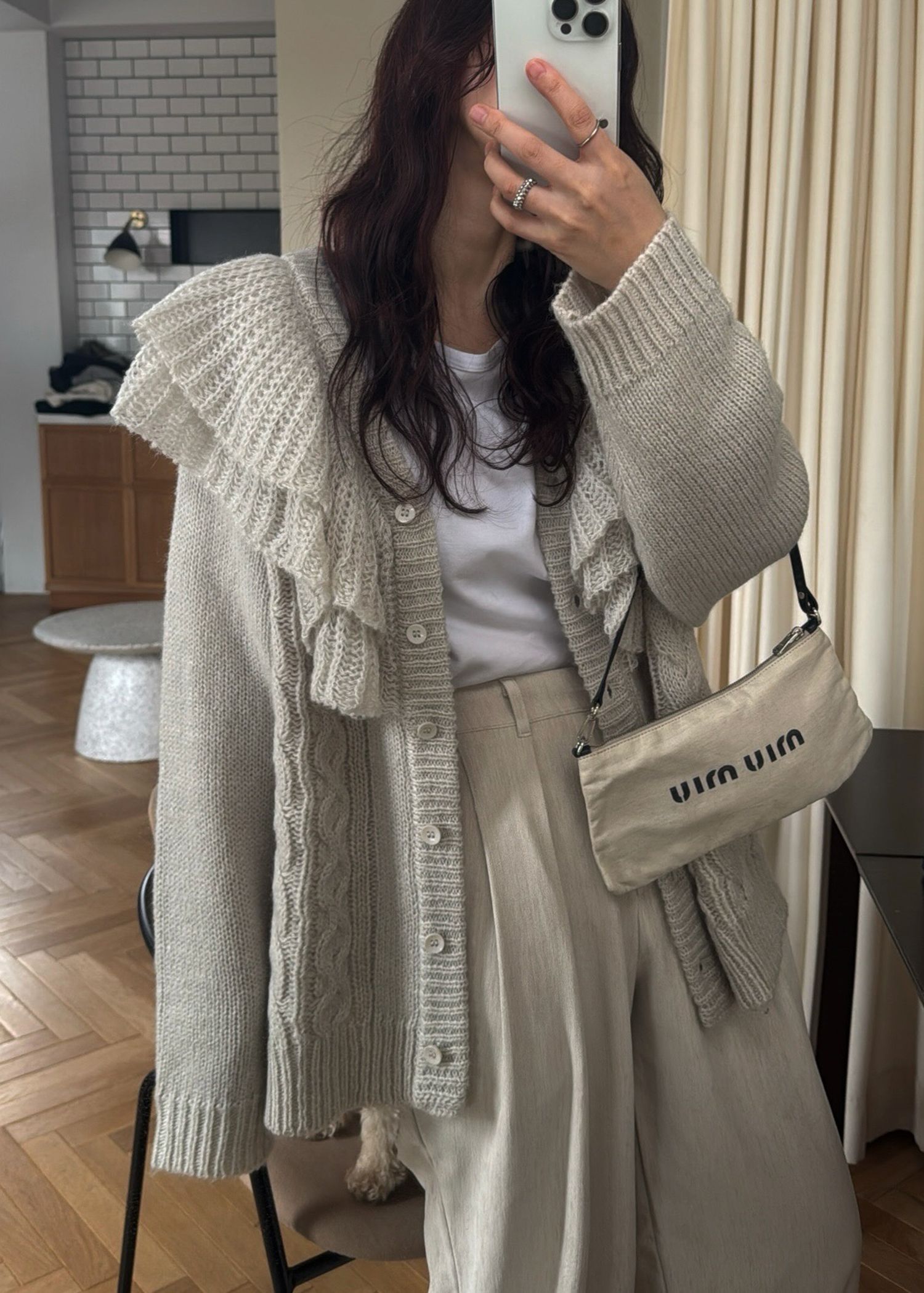 shoulder frill cable knit cardigan