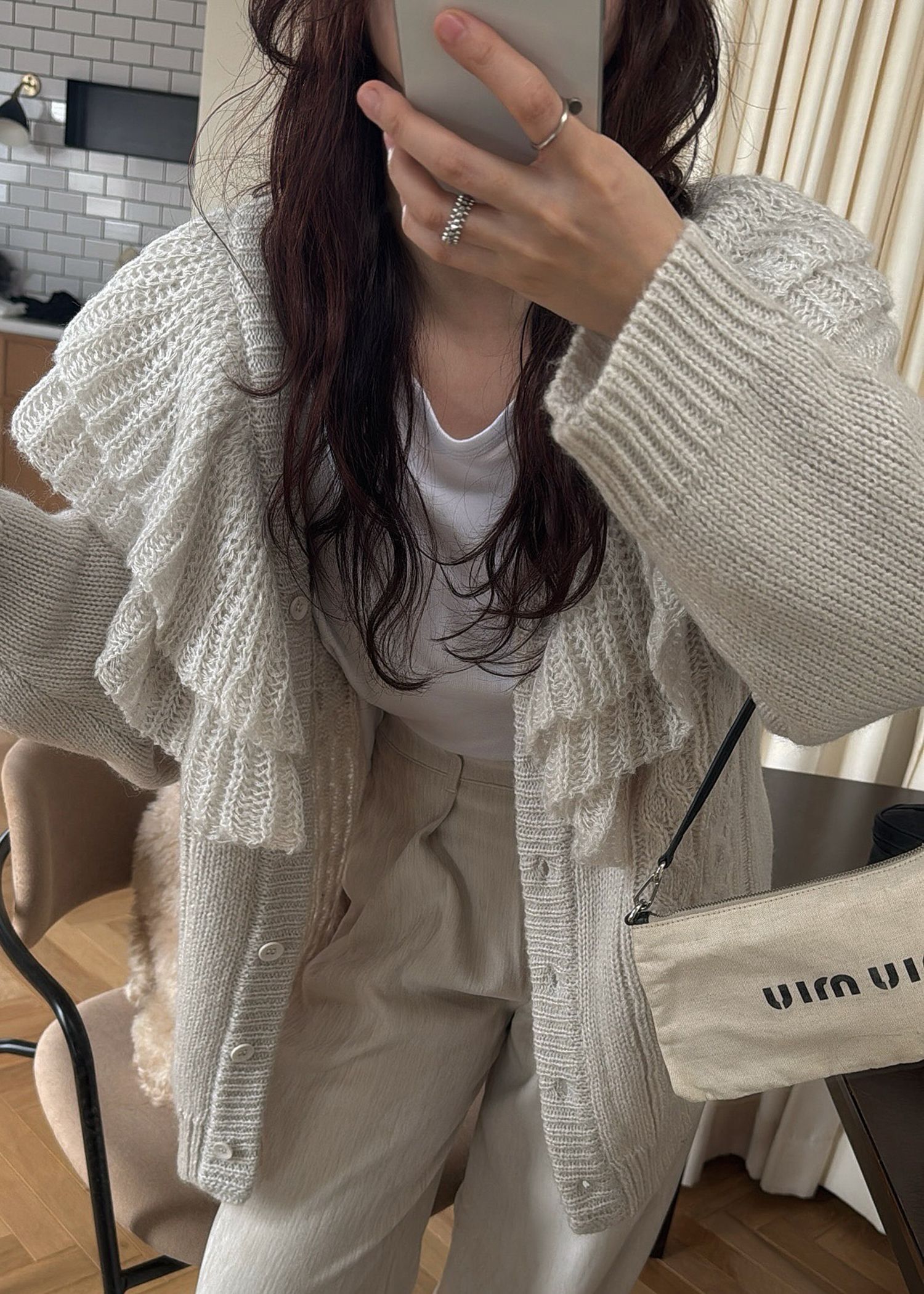 shoulder frill cable knit cardigan